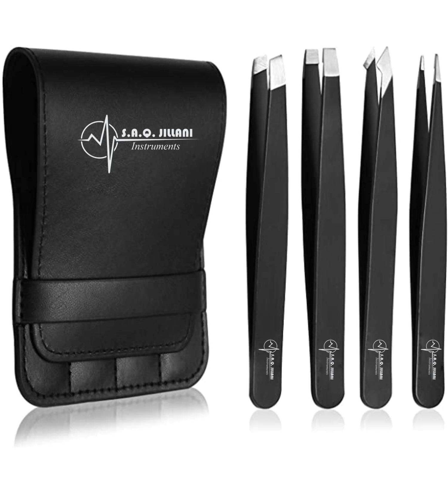S.A.Q. JILLANI Eyebrow Precision Tweezers Set - Professional Stainless Steel - For Men and Women - Facial & Ingrown Hair Removal - 4 Pieces with Case (Black) - Buy Online on SooperMarket.com