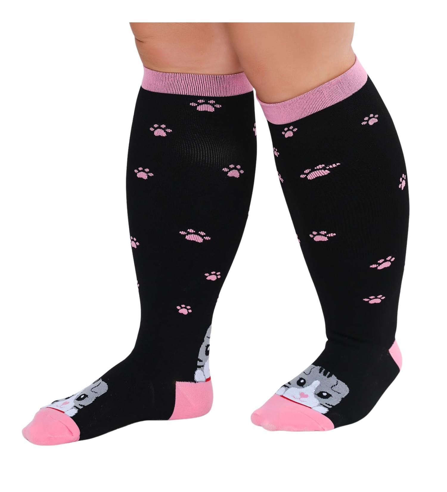 Zfsock Compression Stockings for Thick Calves - Medical Support Socks 20-30mmHg for Men & Women | Oversized Travel & Flight Socks for Nurses | 4XL Cat Pink - Buy Online on SooperMarket.com