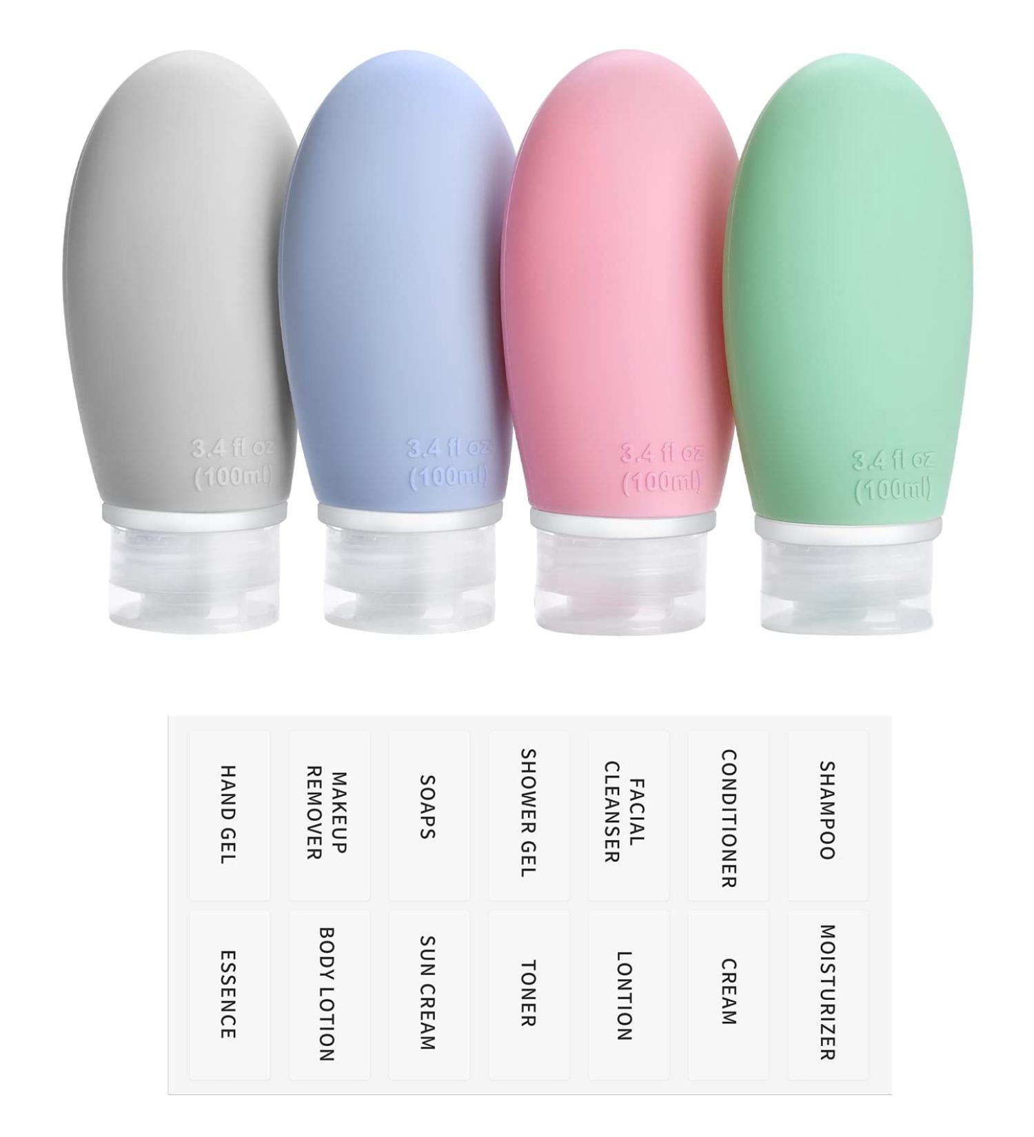 OPRET 4 Pack 100ml Silicone Travel Bottles Set - Leakproof BPA-Free Cosmetic Containers in Blue Green Pink & Gray - TSA-Approved Travel Essentials - Buy Online on SooperMarket.com