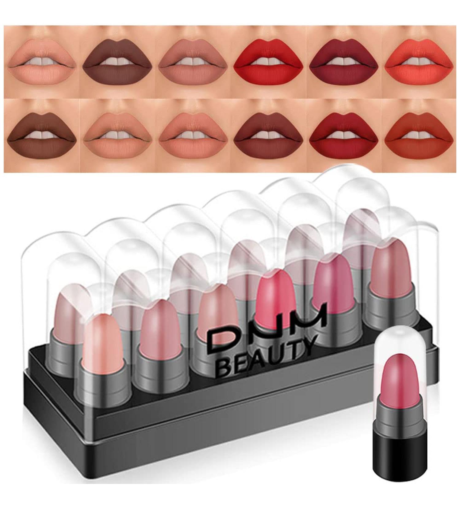 12Pcs Capsule Pills Lipstick Mini Matte Lipstick Set | Dark Brown Red Nude Lipstick Samples - Matte Makeup Kit for Women & Teens - Buy Online on SooperMarket.com