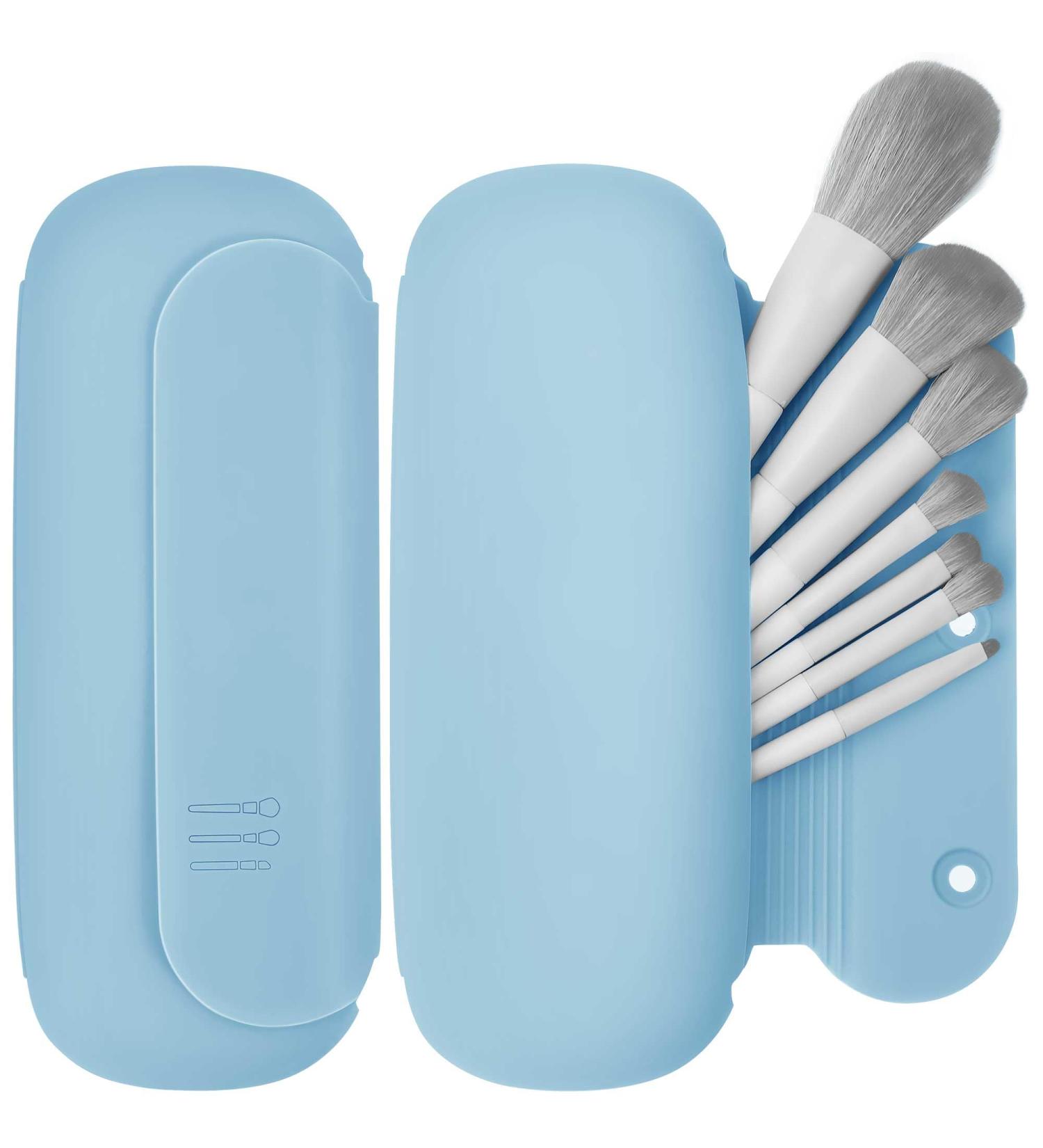 Travel Makeup Brush Holder | Silicone Portable Cosmetic Brushes Organizer with Built-in Cleaner | Upgrade Travel Essentials Case (Sky Blue - Buy Online on SooperMarket.com