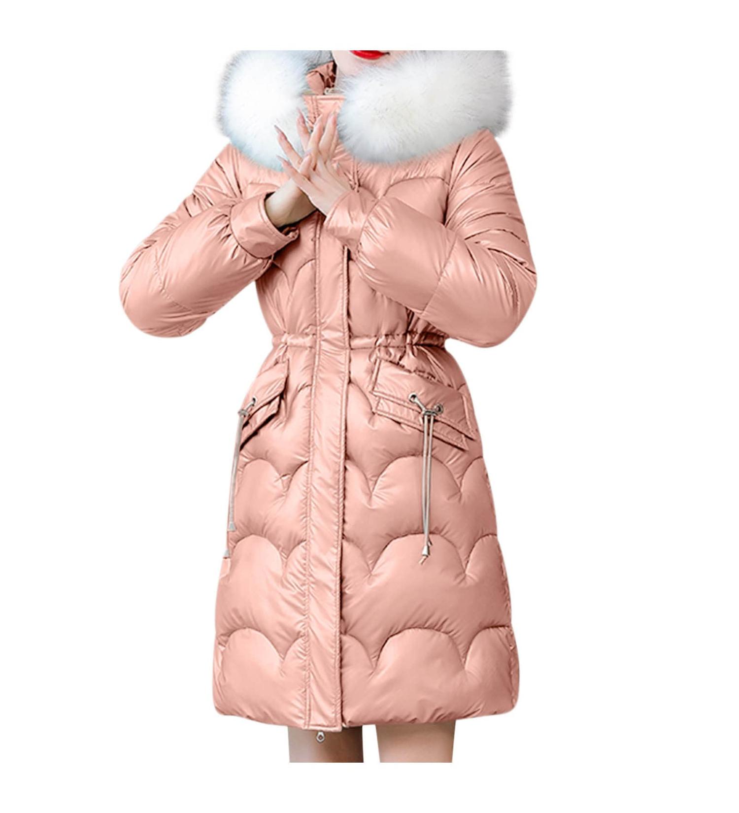 Pink Padded Jacket for Women | Slim Fit Faux Fur Parka with Hood | Winter Warm Outwear (Size: Medium) - Buy Online on SooperMarket.com
