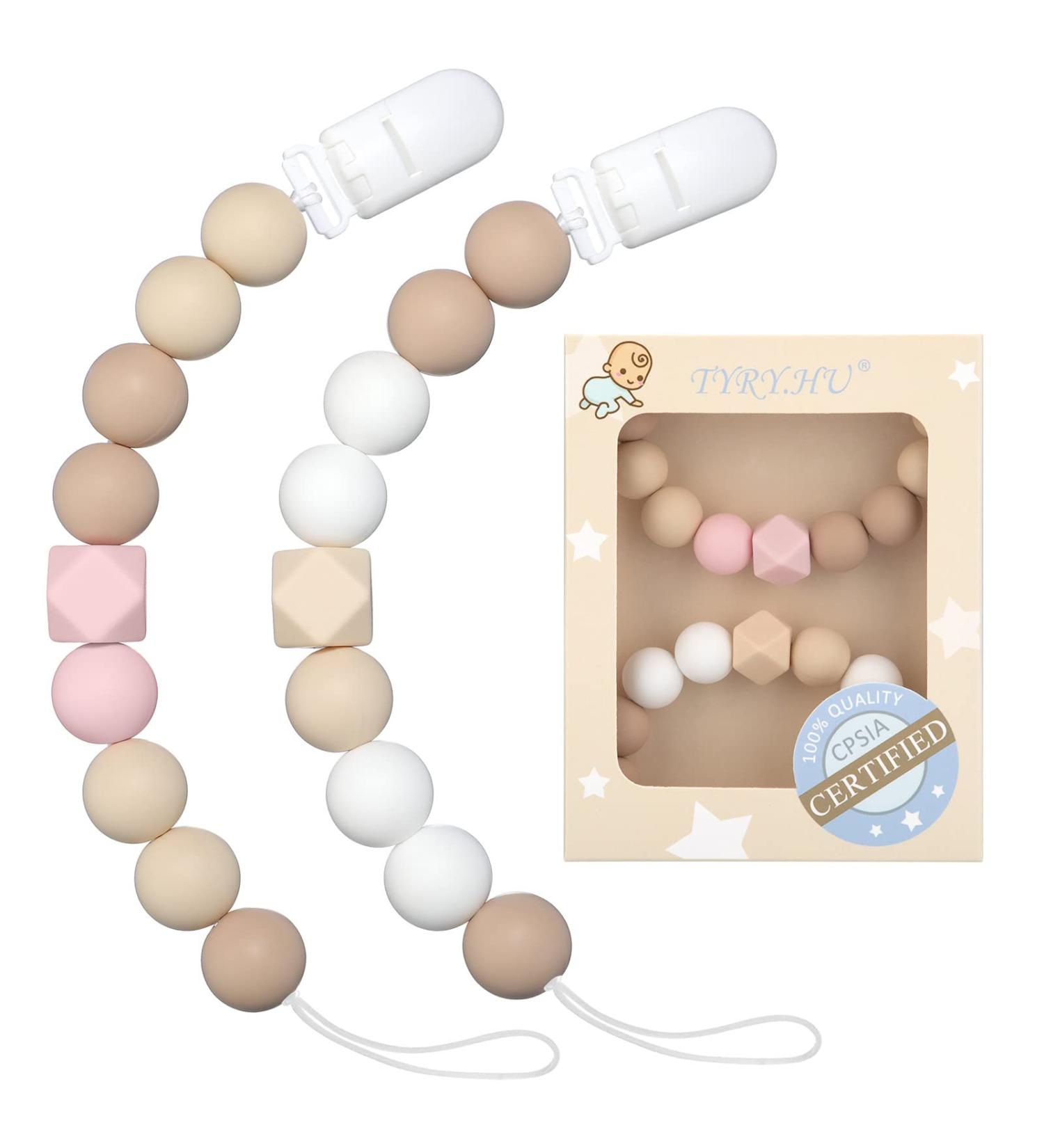 Pacifier Clip for Baby Boys Girls | Neutral Binky Holder 2 Pack (Beige Pink) | Perfect Baby Gift - Buy Online on SooperMarket.com