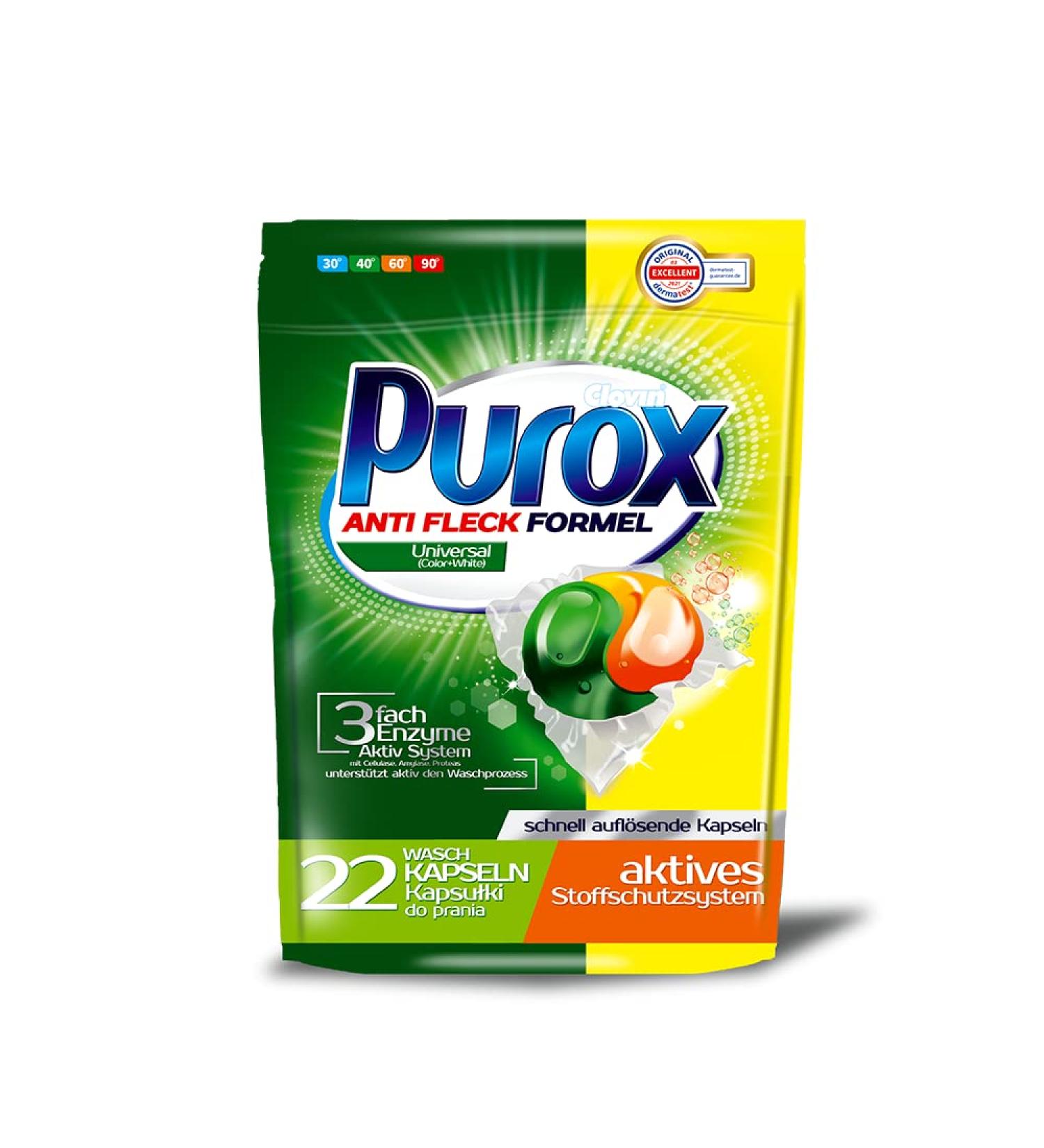 PUROX CAPS UNIVERSAL Washing Caps for Colored Textiles - 22 WL 396g Unscented Doypack Detergent - 22 Pieces | International Shipping - Buy Online on SooperMarket.com