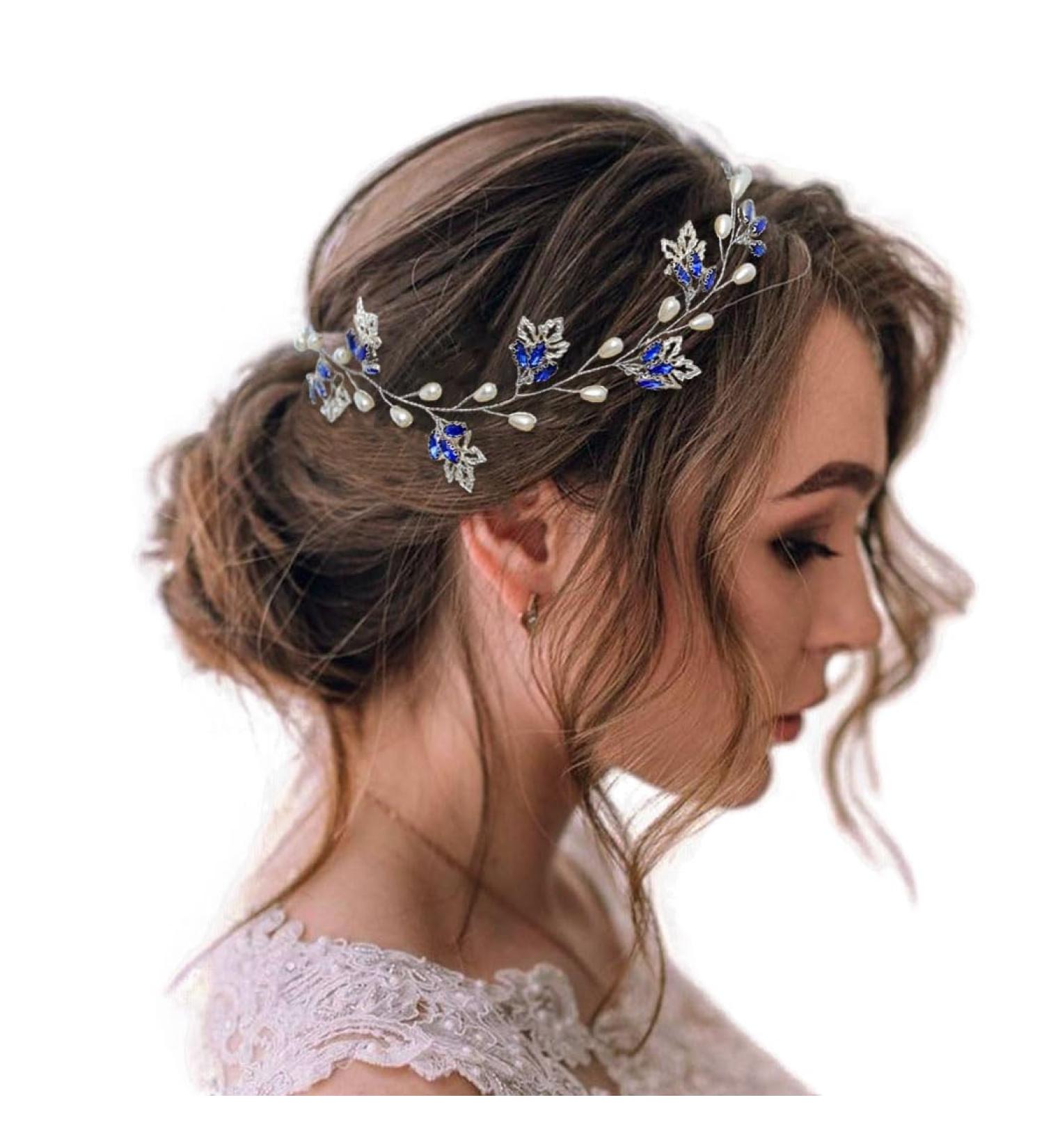 IYOU Bridal Wedding Hair Vine Blue Rhinestone Headband Leaf Pearl Prom Headpiece Accessories for Bride Bridesmaid - Buy Online on SooperMarket.com