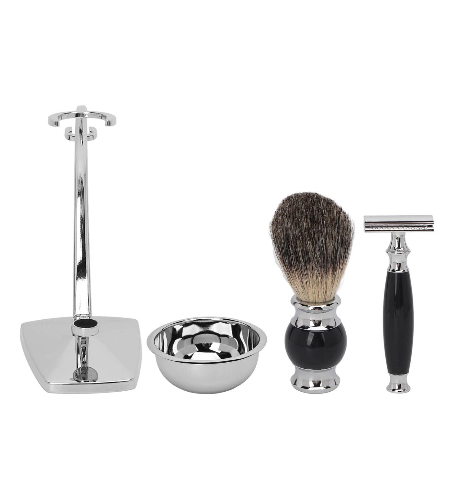 Men's Shaving Brushes Kit - 4 in 1 Stainless Steel Razor Blades Holder & Soft Cleaning Brush | Perfect Father's Day Gift Set for Men - Buy Online on SooperMarket.com