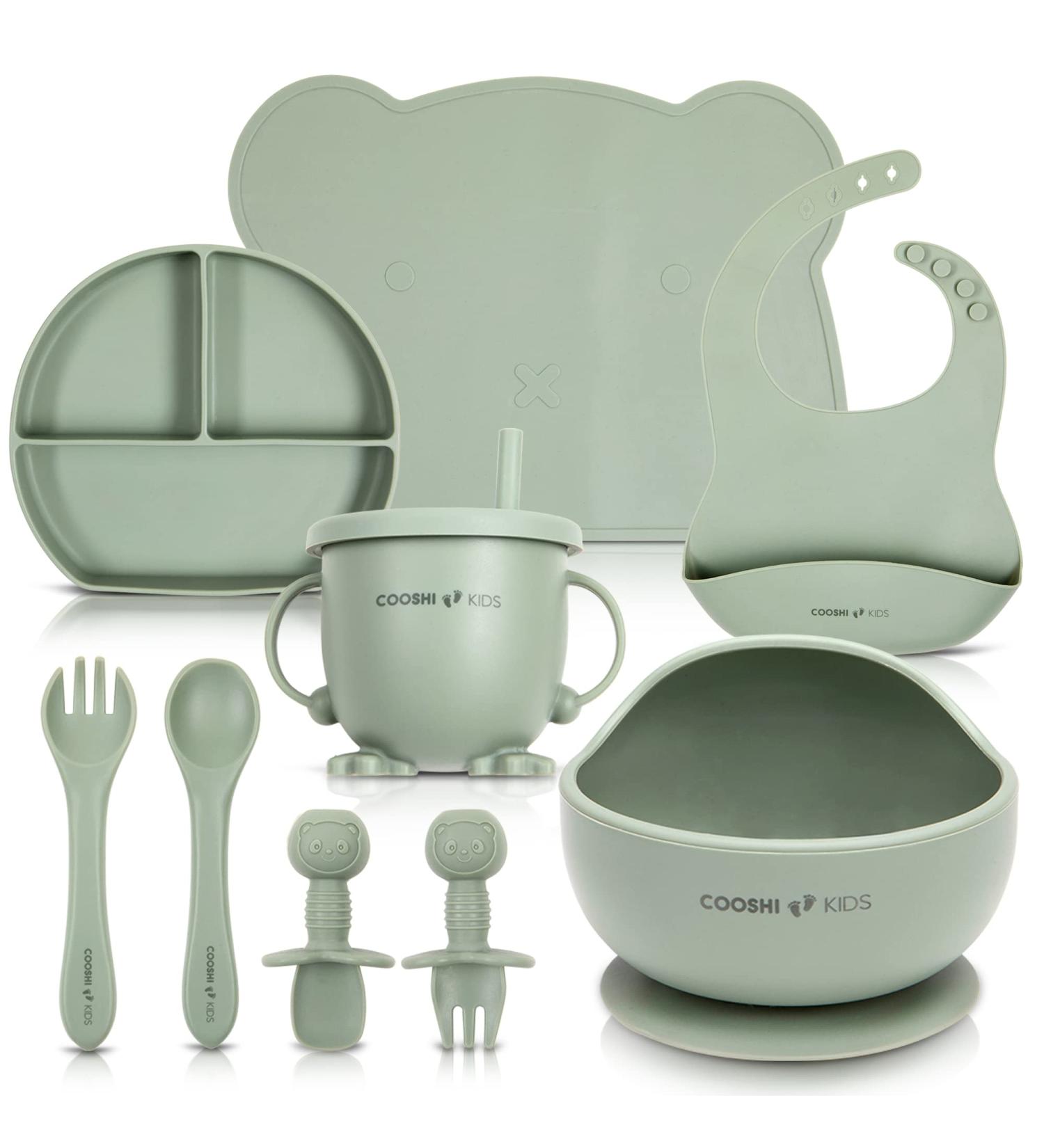 Cooshi Kids 9 Piece Baby Self Feeding Tableware Set - Divided Suction Plate, Suction Bowl, Sippy Cup, Bib, Placemat, Weaning Fork + Spoon + Kids Spoon + Fork Set - Green - Buy Online on SooperMarket.com