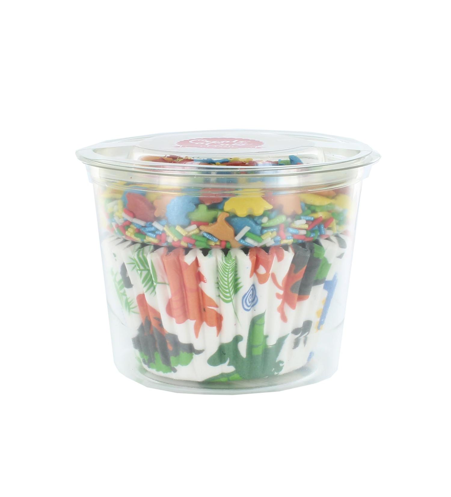 Create A Cake Dinosaur Cupcake Sprinkle Kit Patterned Baking Cases & Sprinkle Pod 25 Cases And 30g Sprinkles Edible Decoration Set With Multicoloured Sugar Dinosaurs and Sugar Strands - Buy Online on SooperMarket.com