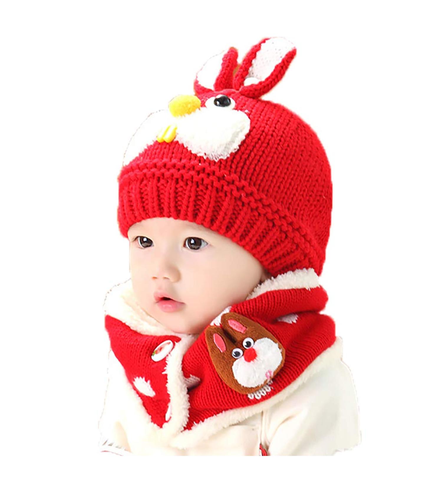 Winter Warm Baby Hat and Scarf Set - Bunny Design | Fleece Lined | Infant to Toddler 6-36 Months | Red - Buy Online on SooperMarket.com