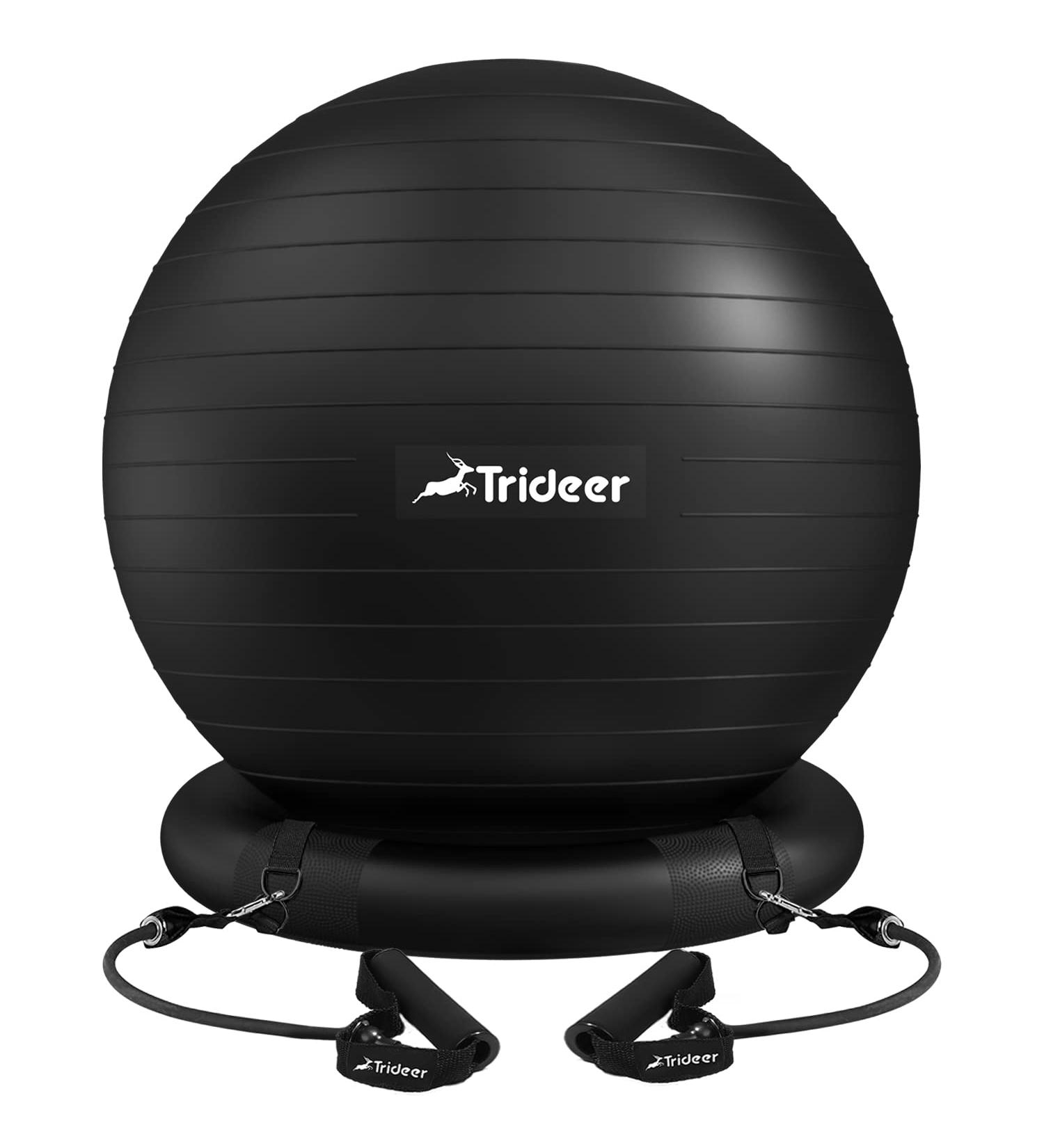 Trideer Ball Chair 65cm with Base & Bands | Exercise & Stability Ball for Home Gym | Balance & Abs Workout | Relieve Back Pain | Black - Buy Online on SooperMarket.com