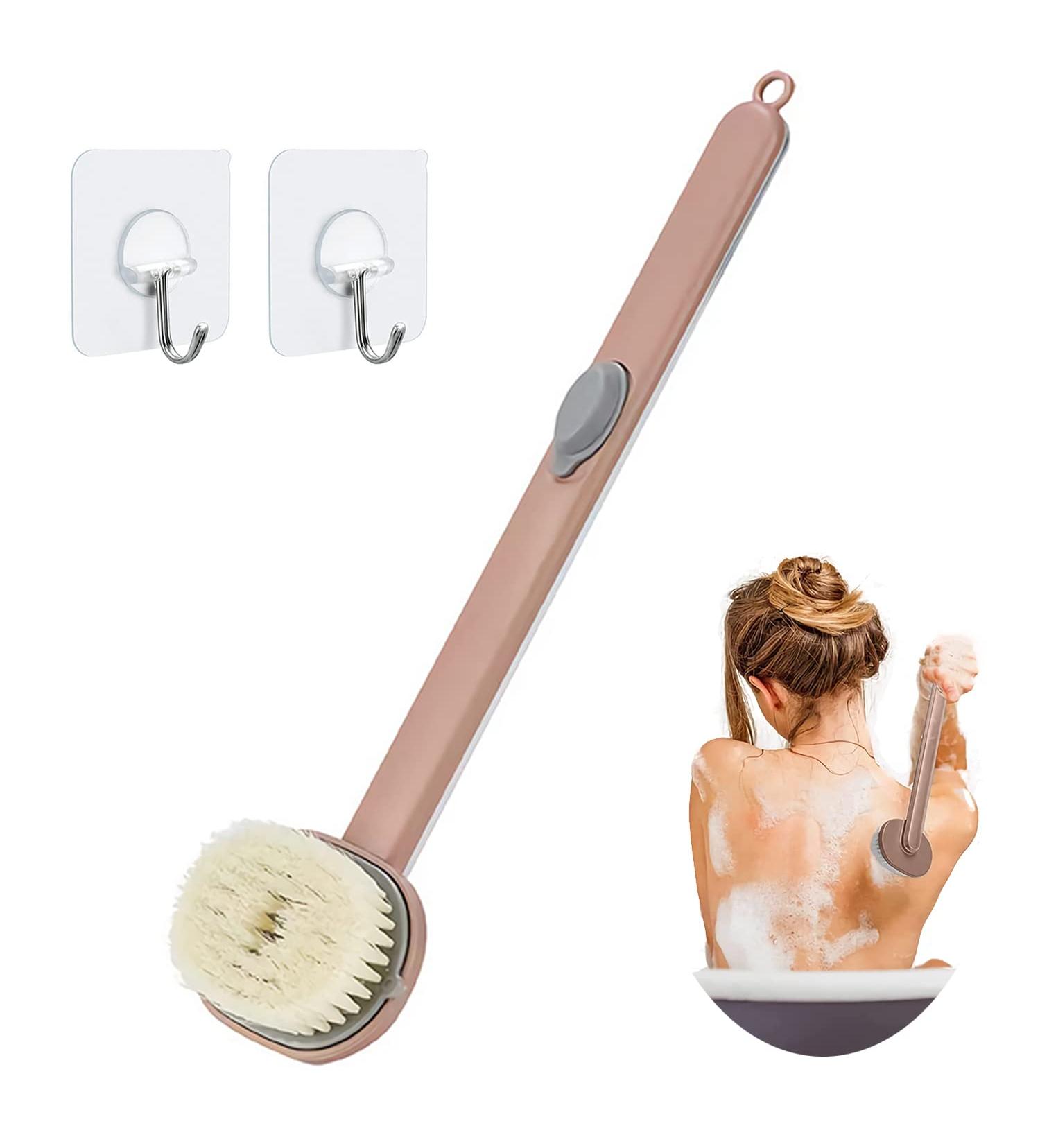 Pink Long Handle Back Scrubber for Shower with Soap Dispenser - Exfoliating Bath Brush 14in - Buy Online on SooperMarket.com