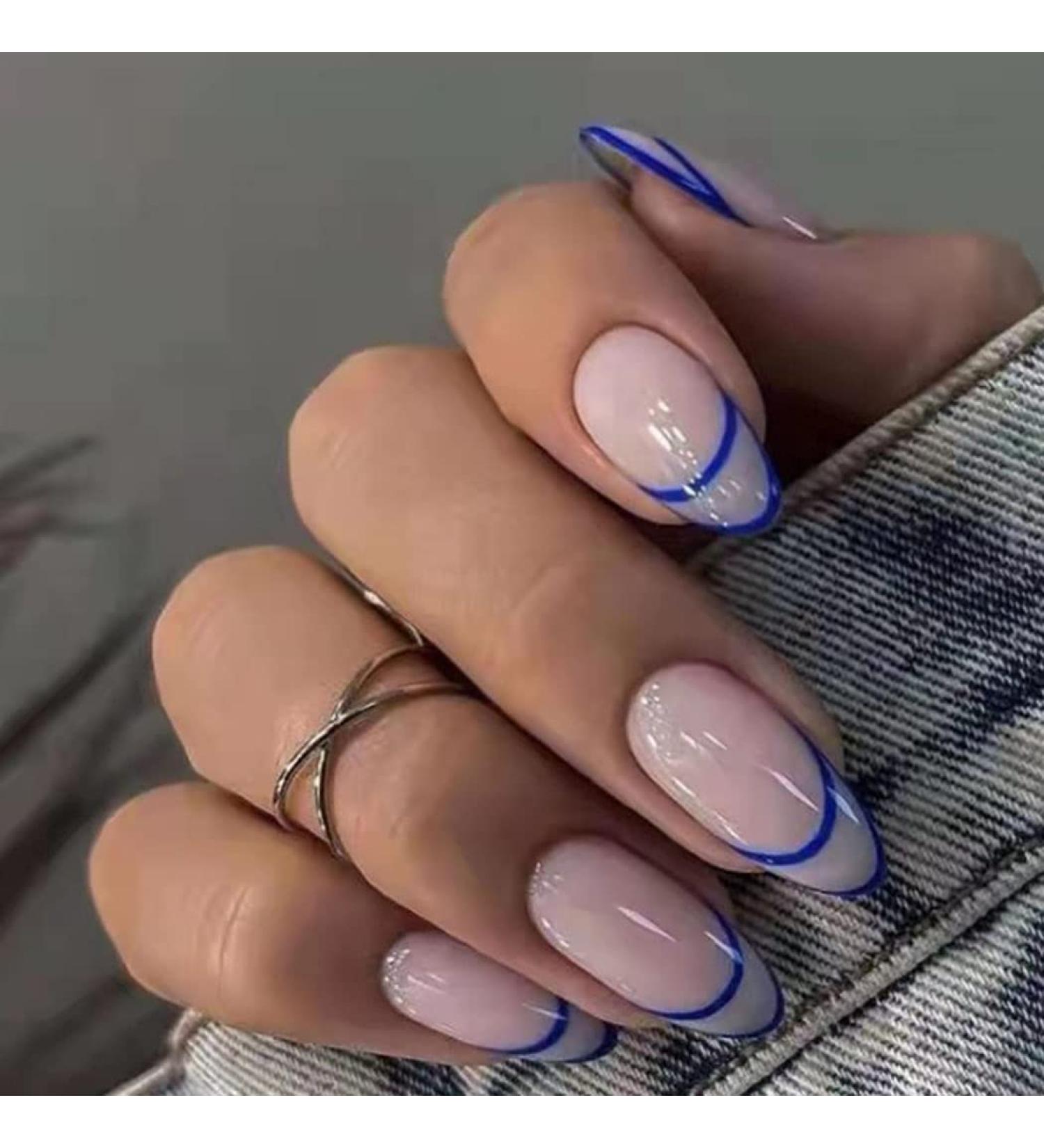 Glossy Almond Press on Nails Blue Line - 24Pcs Medium Oval Geometric French Tips for Women and Girls - Buy Online on SooperMarket.com