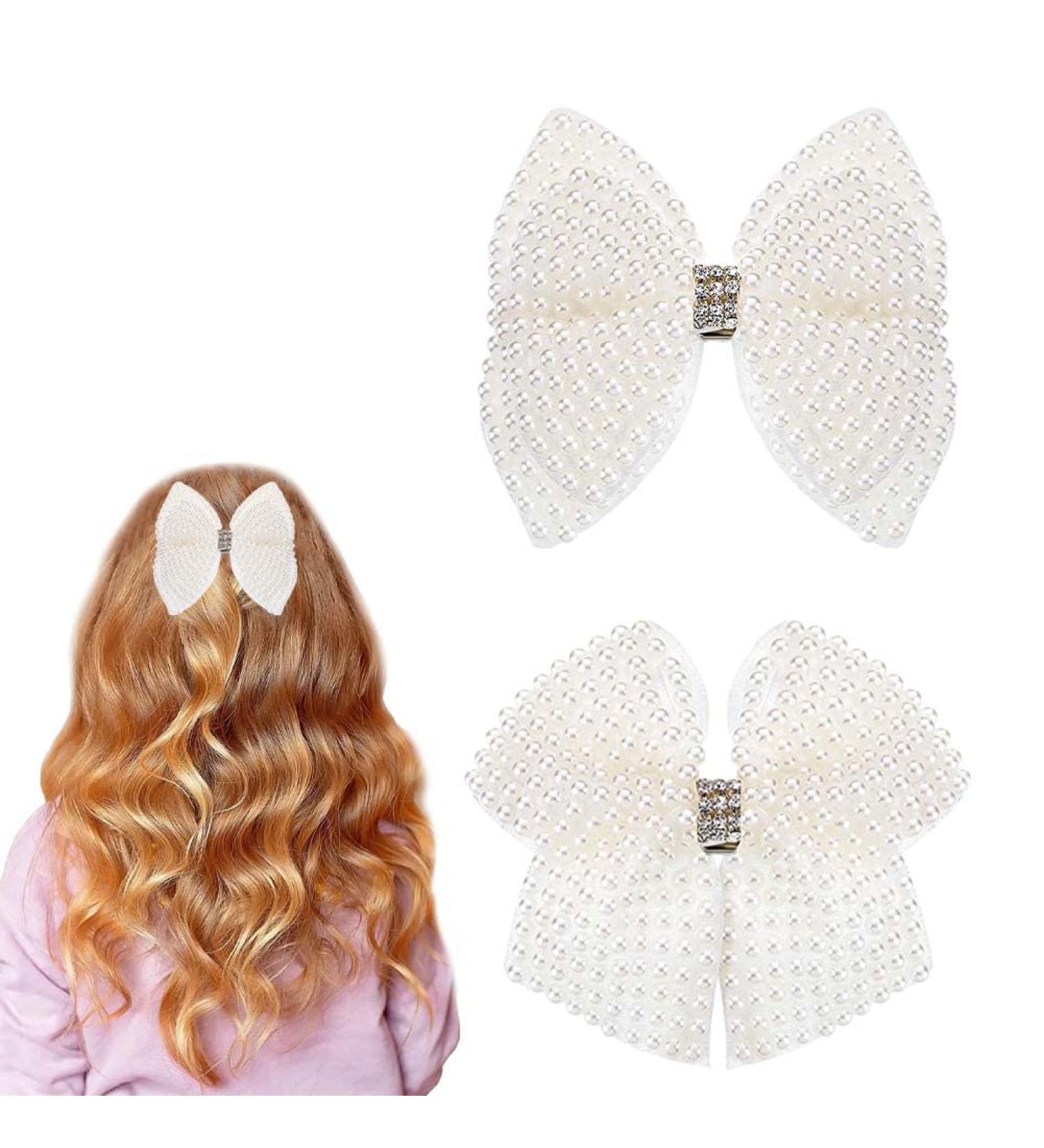 White 2PCS Pearls Hair Bow Clips - Cute Alligator Beads Hairgrip for Girls, Kids, Teens - Buy Online on SooperMarket.com