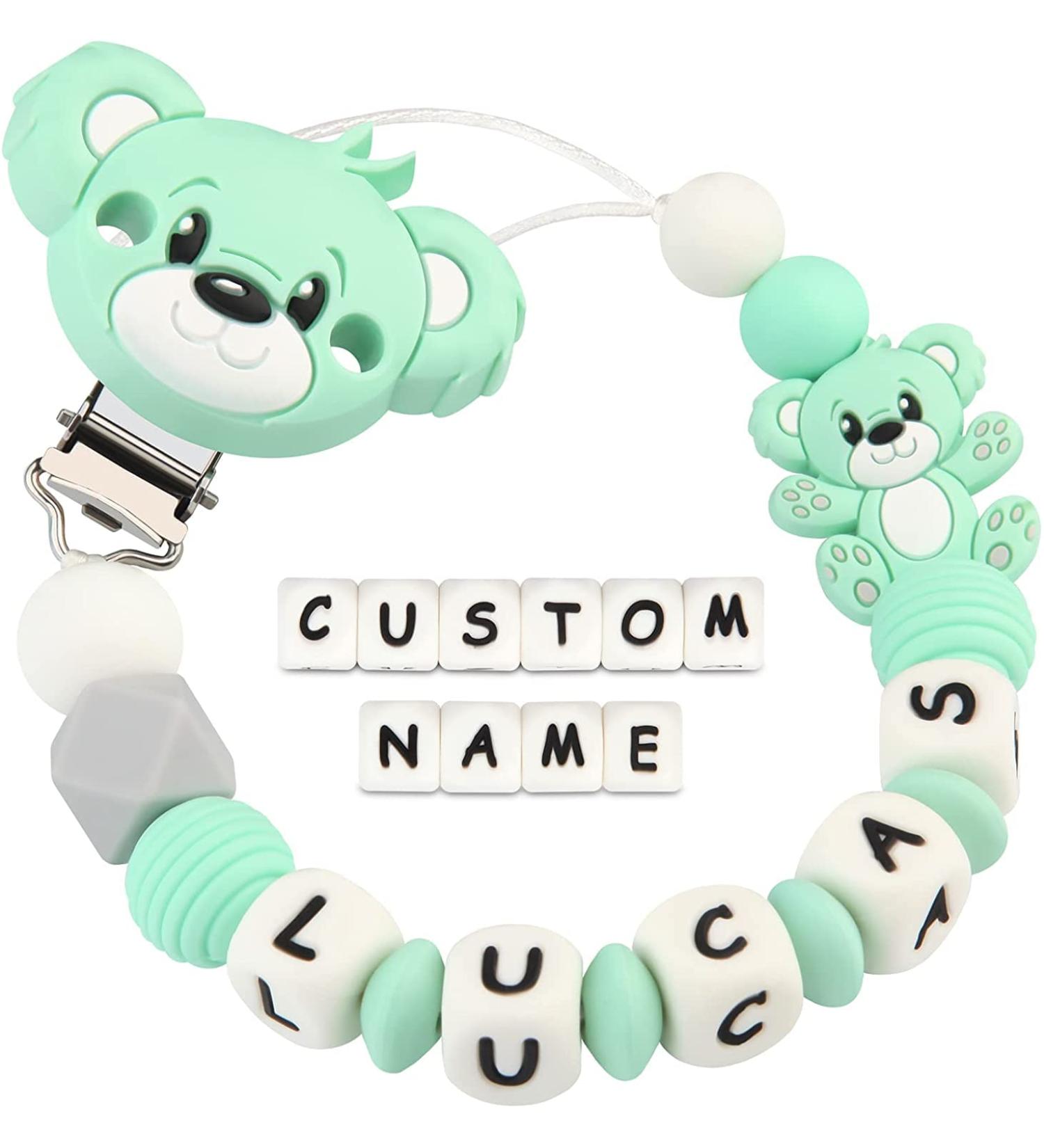 Kowlone Pacifier Chain with Name Boys Girls Personalized Teddy Bear Pacifier Clips Holder (Green) A: Teddy Bear Green