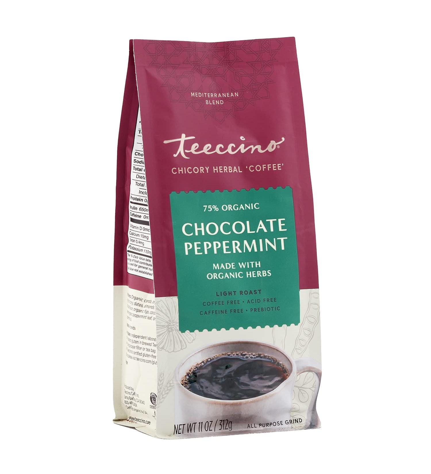 Teeccino Chocolate Peppermint Ground Herbal Coffee - Prebiotic, Caffeine Free, Acid Free, Light Roast - 11 oz - Buy Online on SooperMarket.com