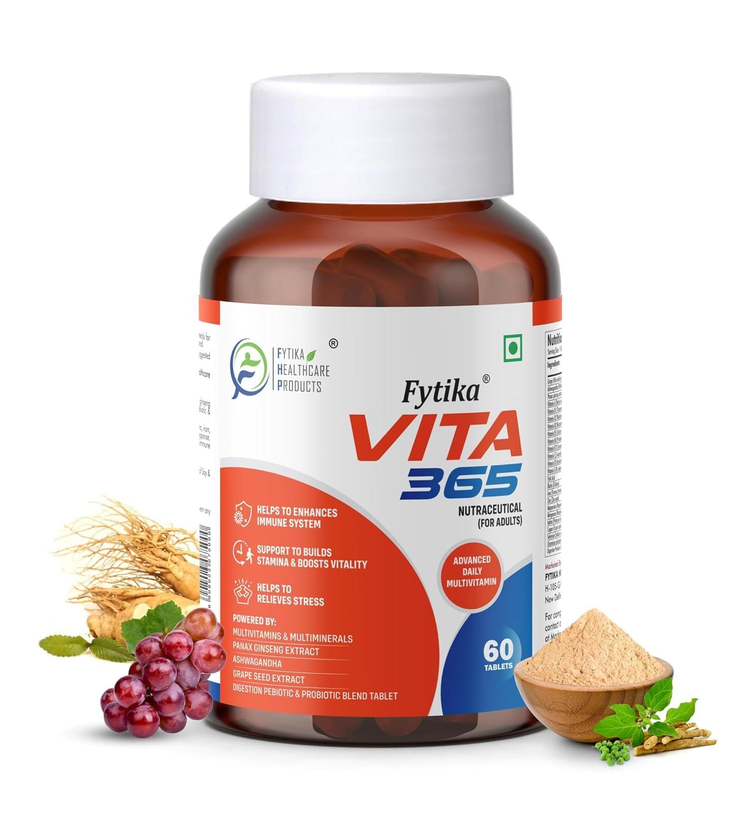 FYYTIIKA HEALTHCARE PRODUCTS Vita 365 Multivitamin With Probiotics Vitamin B12 Zinc Biotin Mineral Ginseng & Ashwagandha Enhances Energy Stamina Immunity Hair and Skin (Pack of 1) Tablet - Buy Online on SooperMarket.com
