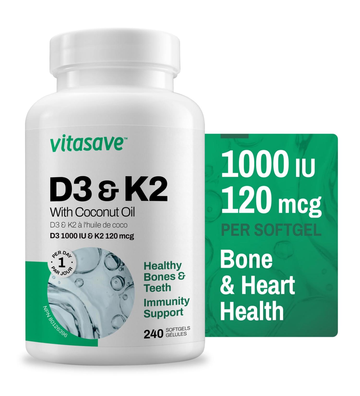 Vitasave Vitamin D3 & K2 Softgels - High Potency 1000 IU D3 & 120 mcg K2 (240 Softgels) 240 count (Pack of 1) - Buy Online on SooperMarket.com