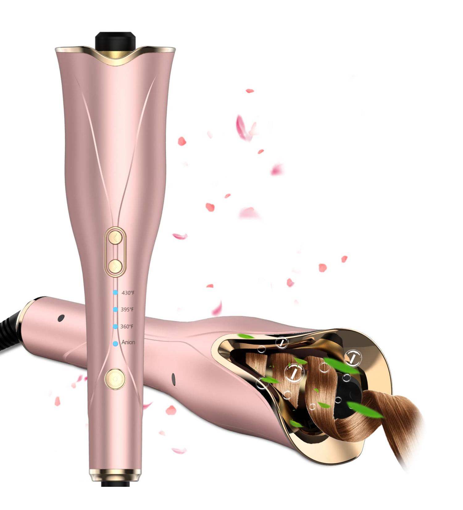 Auto Hair Curler - Automatic Curling Iron Wand with Rotating Barrel 4 Temps & 3 Timer Settings - Dual Voltage Fast Heating Gold - Buy Online on SooperMarket.com
