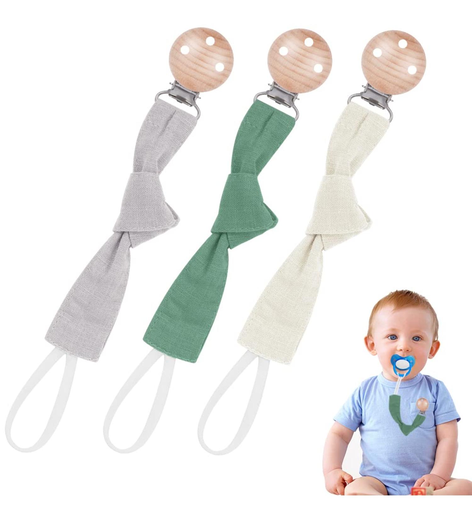 Vicloon Baby Dummy Clips 3 Pcs - BPA Free Soother Pacifier Chain Holder Clips for Boys and Girls - Teether Toy or Soothie - Green/Gray/Beige - Buy Online on SooperMarket.com