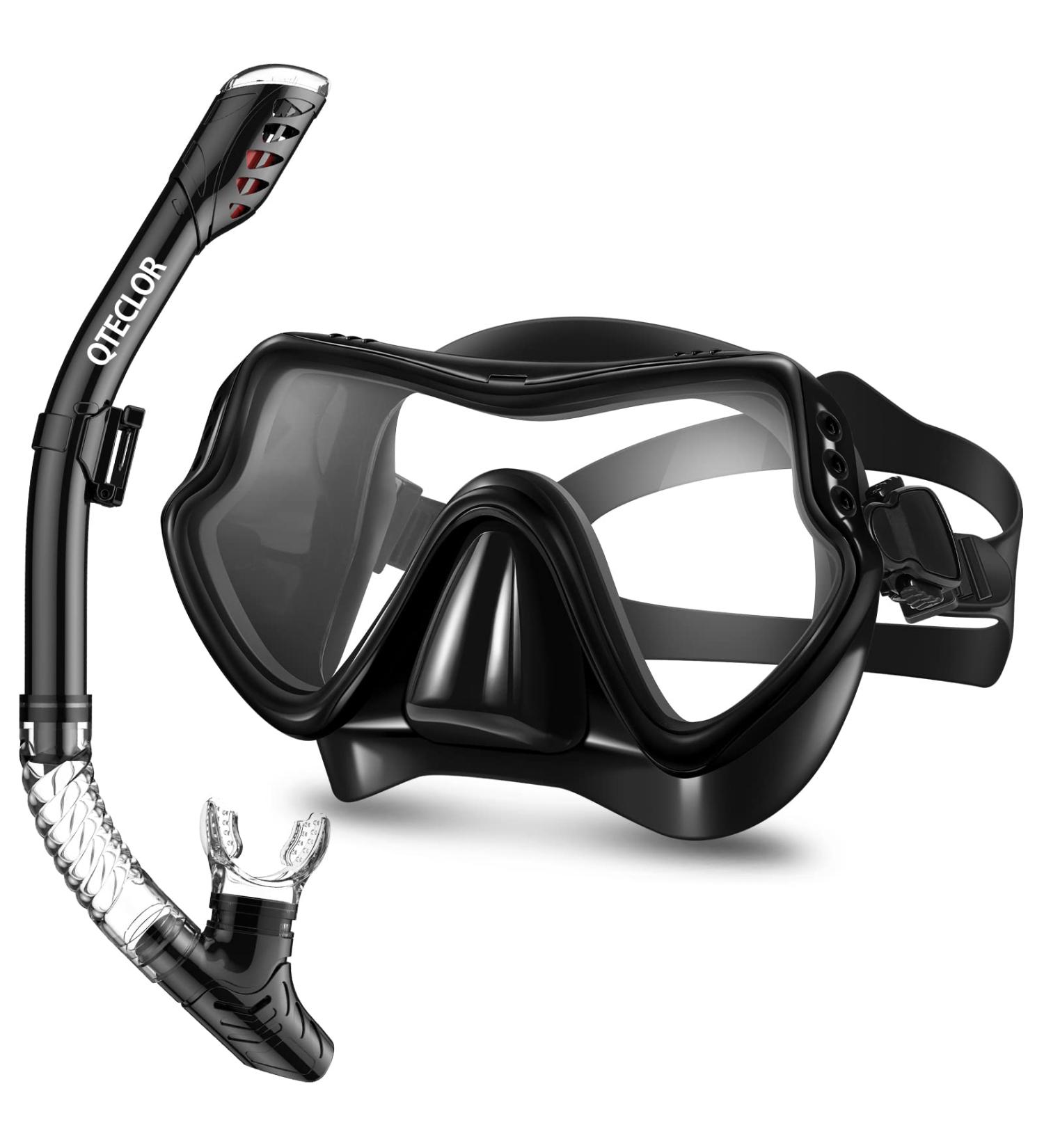 Snorkel Mask Set - Anti-Fog 180 Seaview, Dry Snorkel, Mesh Bag | For Kids & Adults - Scuba Diving, Swimming Training Gear in Black - Buy Online on SooperMarket.com