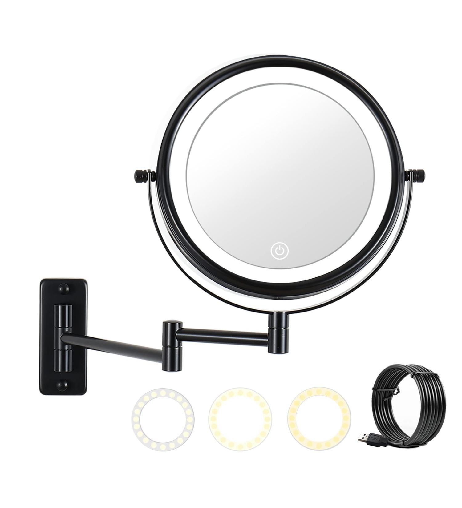 10X LED Wall Mounted Lighted Makeup Mirror with 3 Color Lights & Touch Screen Dimming - Double Sided Magnifying Mirror for Bathroom Vanity (Black) - Buy Online on SooperMarket.com