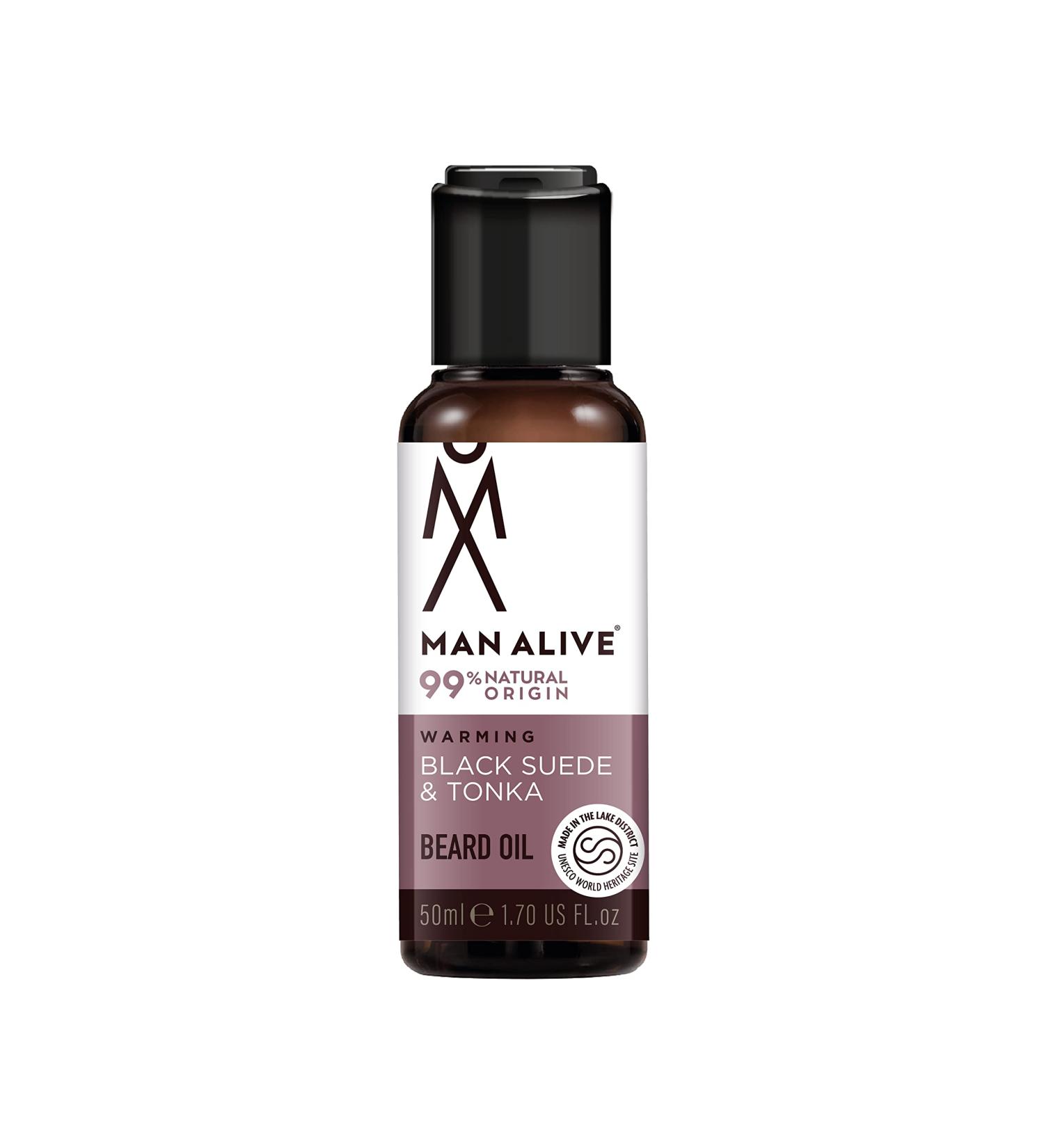 Man Alive Beard Oil for Men - 99% Natural Skincare 50ml with Oatmeal, Argan Oil, Jojoba Oil & Almond Oil - Softens Facial Hair, Ideal Men's Gift - Black Suede & Tonka Scent - Buy Online on SooperMarket.com
