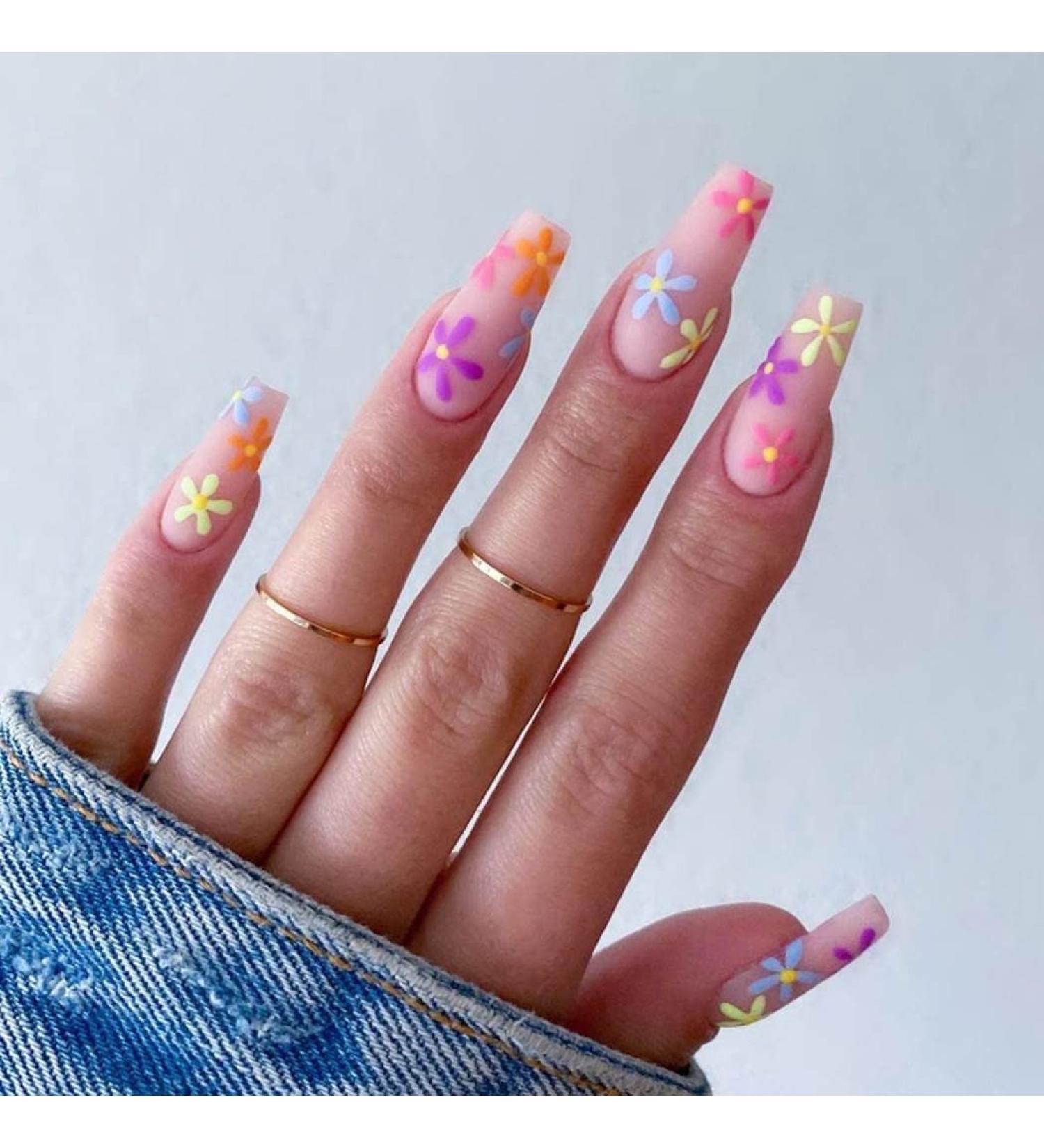 Colorful Matte Long Coffin Press on Nails - Pink Flower Design 24Pcs for Women and Girls - Buy Online on SooperMarket.com