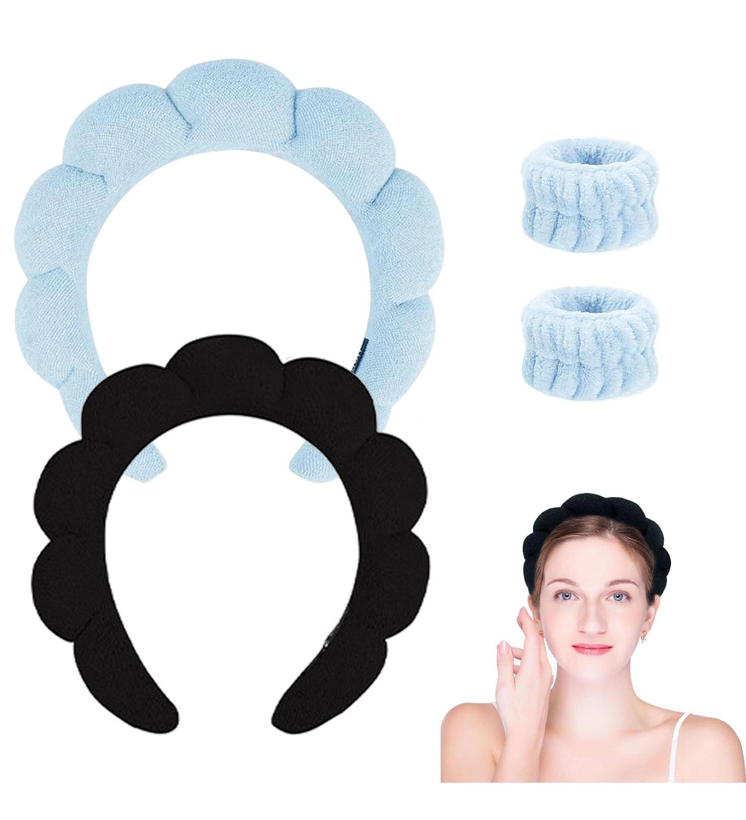 Spa Headband Set for Women - Terry Cloth Makeup and Skincare Headband with Face Wash Wristbands - Soft Puffy Headband Gift in Black+Blue - Buy Online on SooperMarket.com