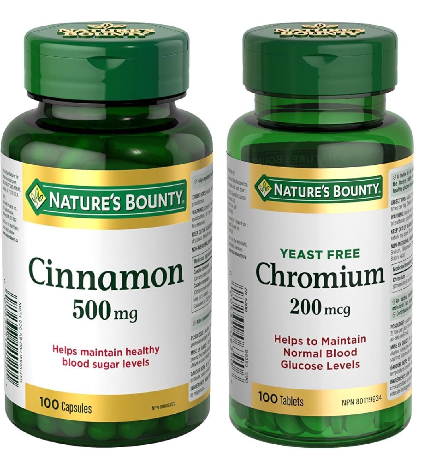 Nature's Bounty Cinnamon 500mg Pills and Herbal Health Supplement Helps Maintain Blood Sugar Levels 100 Capsules & Chromium Supplement Helps Metabolize Carbohydrates and Fats 200mcg 100 Tablets - Buy Online on SooperMarket.com