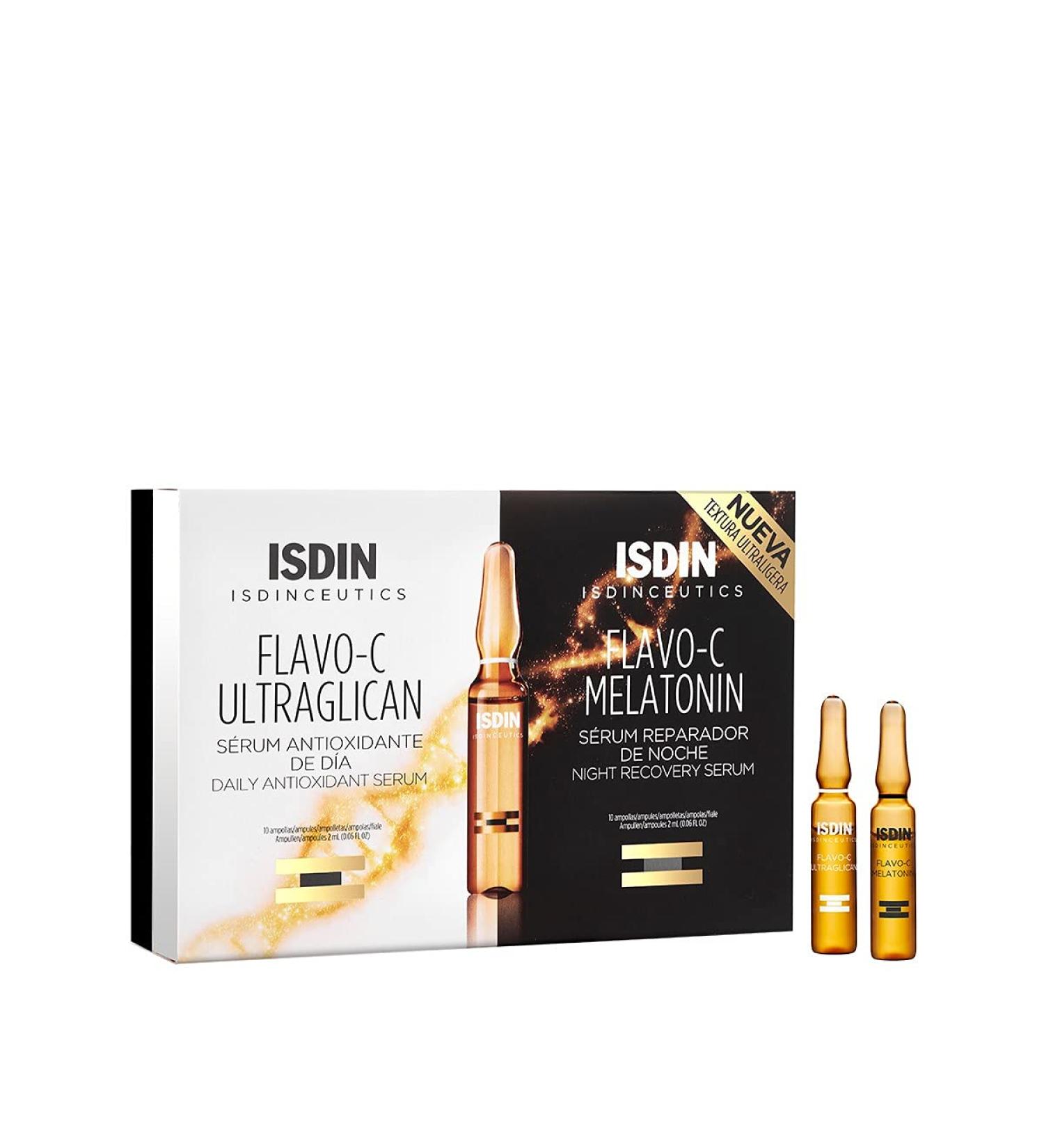 ISDIN Isdinceutics Day and Night Pack | Flavo-C Ultraglican (10 ampoules) and Flavo-C Melatonin (10 ampoules) | Daily Antioxidant Serum and Night Recovery Serum - Buy Online on SooperMarket.com