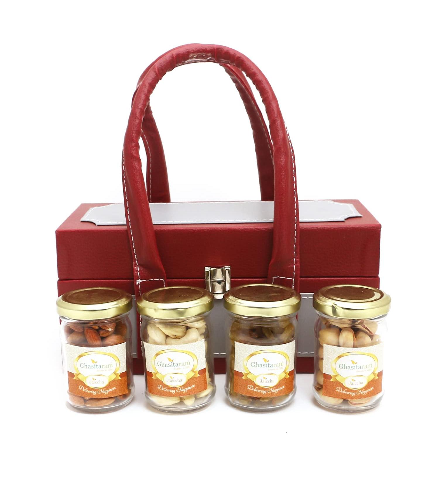 Jaiccha Ghasitaram Apex Wooden Box of 4 Dryfruits Jars|Gift for Diwali Gifts Holi Rakhi Valentine Christmas Birthday Anniversary Her Him| - Buy Online on SooperMarket.com