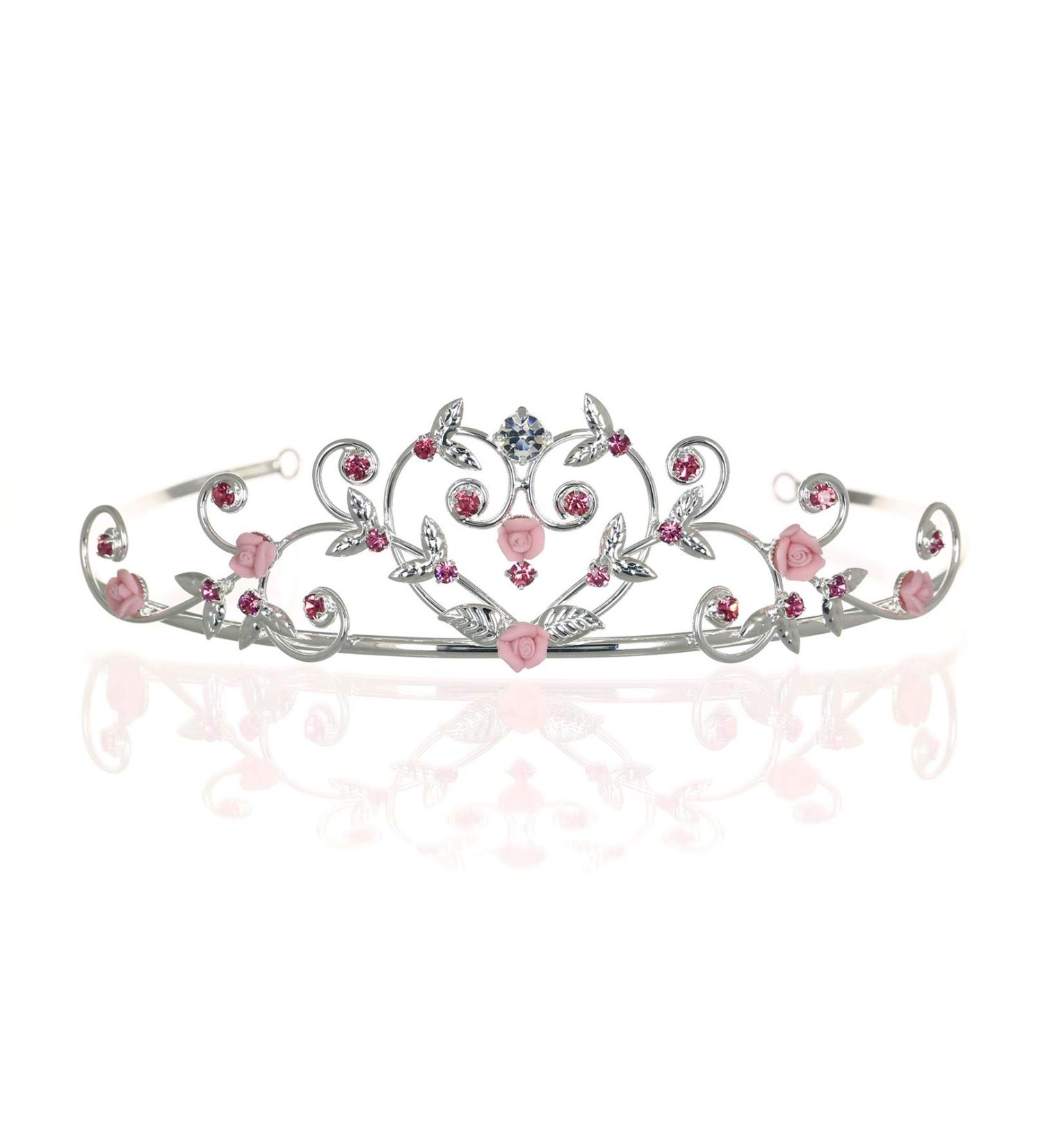 Rose Flower Rhinestone Crystal Wedding Tiara Crown - Pink Roses | Silver Plated - Buy Online on SooperMarket.com