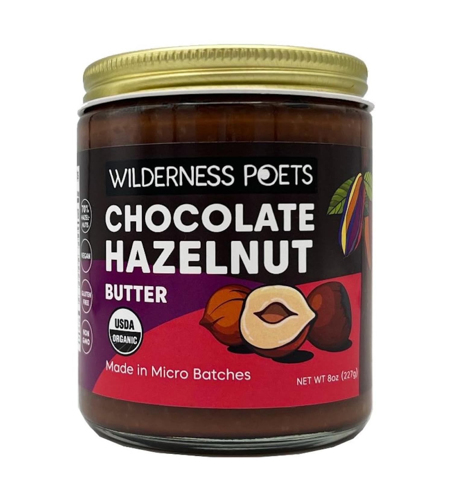 Wilderness Poets Organic Chocolate Hazelnut Butter | 100% Organic No Palm Oil | 8 oz Glass Jar - 70% Hazelnuts 30% Dark Chocolate - Buy Online on SooperMarket.com