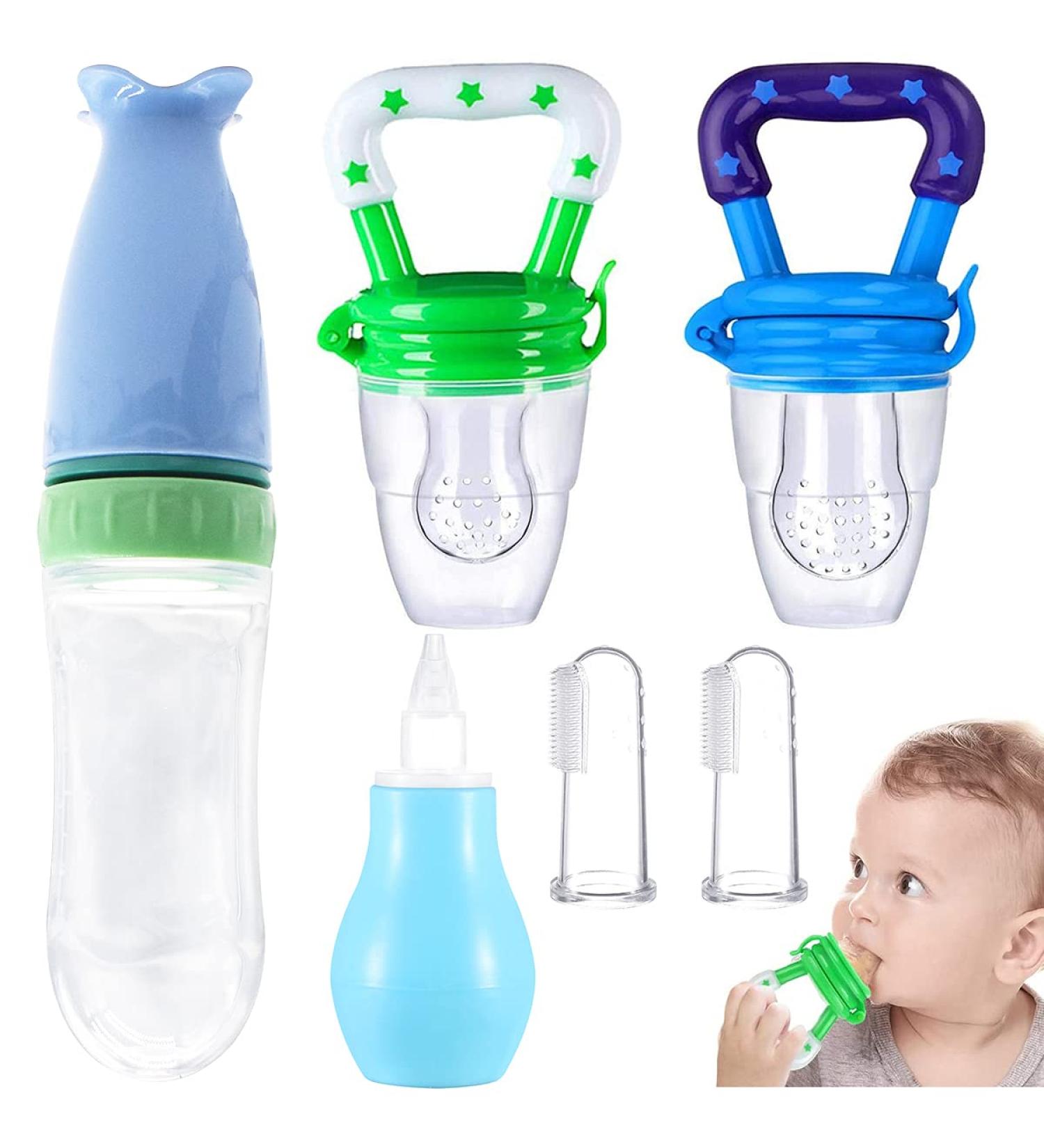 Buy Qixuer Baby Feeding Bundle: Silicone Squeeze Spoons Finger Toothbrush Nasal Aspirator & Fruit Suckers for Healthy Eating - Ships Internationally! - Buy Online on SooperMarket.com