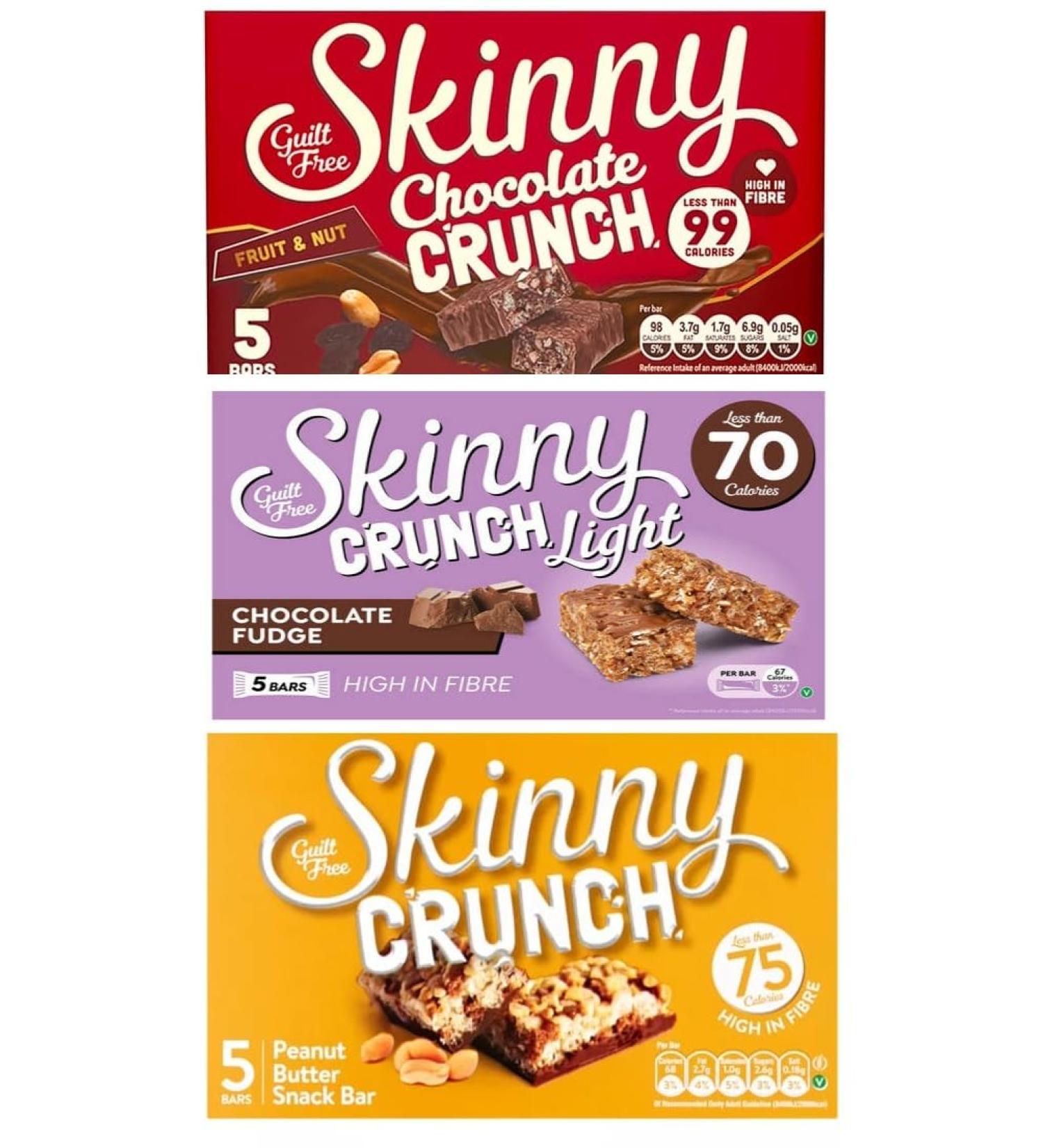 Skinny Crunch Bar Bundle - Skinny Crunch Chocolate Fruit & Nut 5x24g Skinny Crunch Peanut Butter 5x20g and Skinny Crunch Light Chocolate Fudge 5x19g - Buy Online on SooperMarket.com