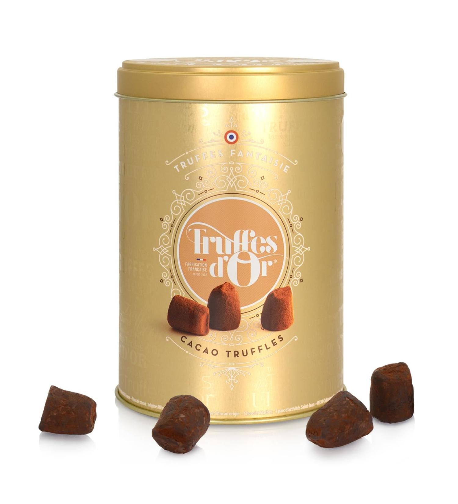 Mathez Truffes Fantaisie - Chocolate truffles dusted with cocoa powder in a golden round tin - 500g