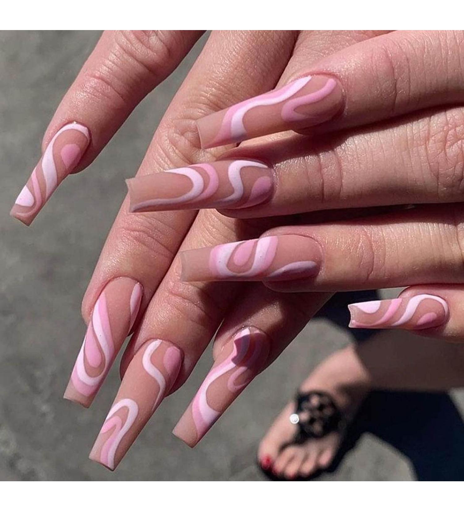 Vatocu Long Pink Matte Coffin Press-On Nails | 24pcs Acrylic Glue-On False Nails for Women & Girls - International Shipping Available - Buy Online on SooperMarket.com