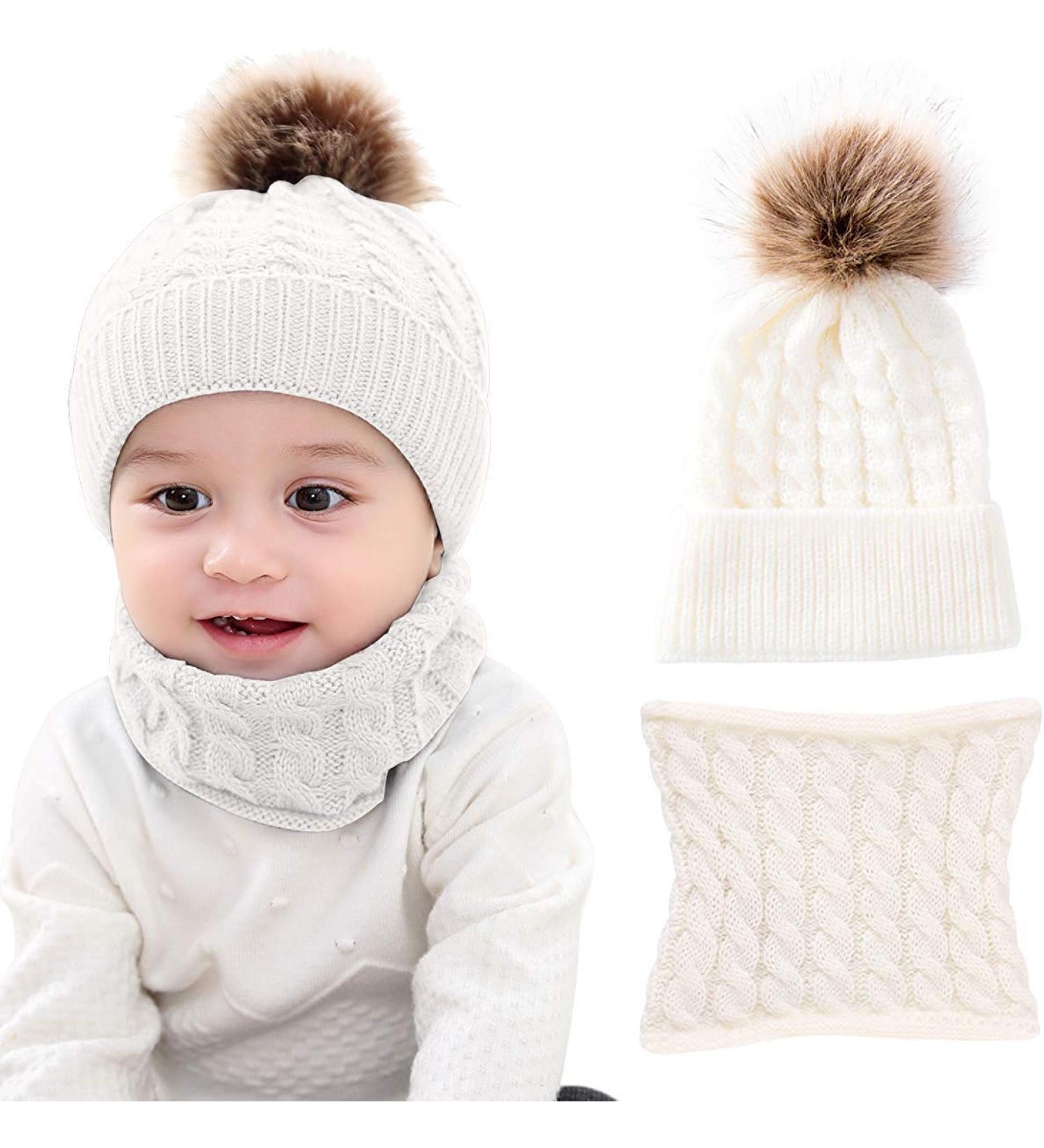 CheChury Toddler Hat and Scarf Set - Baby Knit Pom Beanie Cap with Circle Loop Scarf - White, 1-3 Years - Buy Online on SooperMarket.com