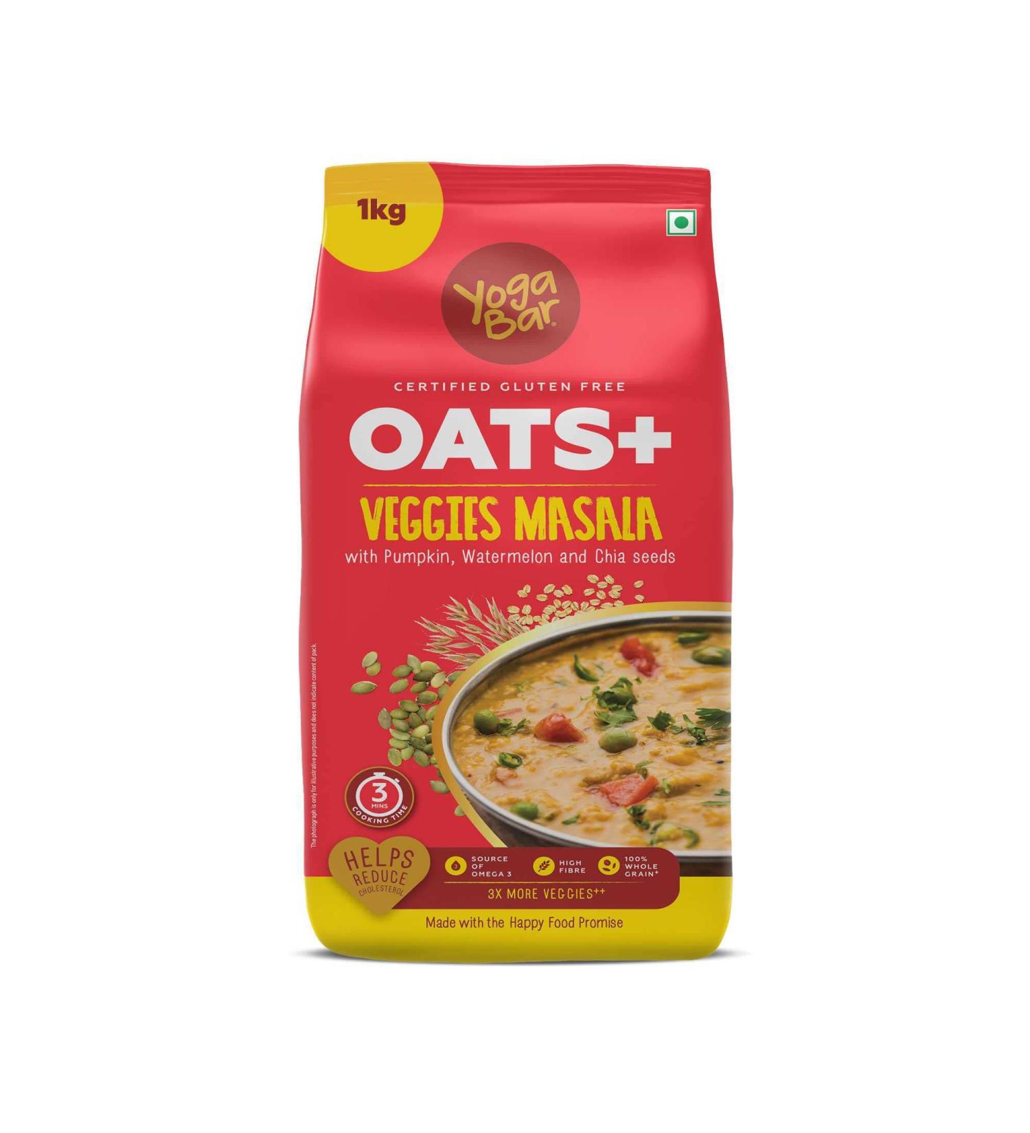 Yogabar Veggie Masala Oats 1Kg | Gluten-Free, Non-GMO Diet Food | With Pumpkin, Watermelon, and Chia Seeds | Helps Reduce Cholesterol | Ideal for Weight Loss - Buy Online on SooperMarket.com
