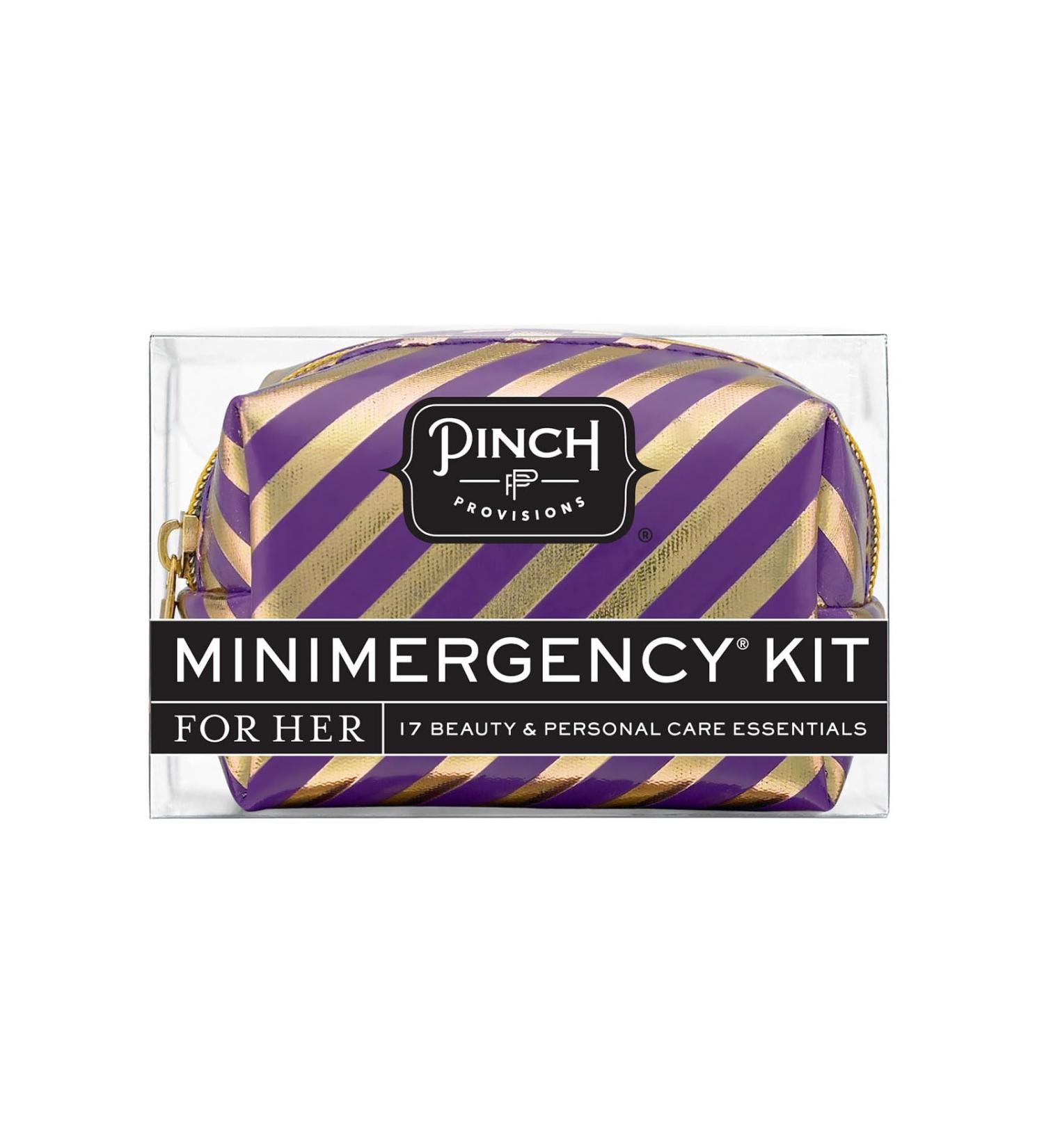 Pinch Provisions Candy Stripe Minimergency Kit | 17 Travel-Sized Cosmetic Essentials | Perfect Gift for Christmas & Birthdays | Emergency Beauty Accessories in Purple - Buy Online on SooperMarket.com