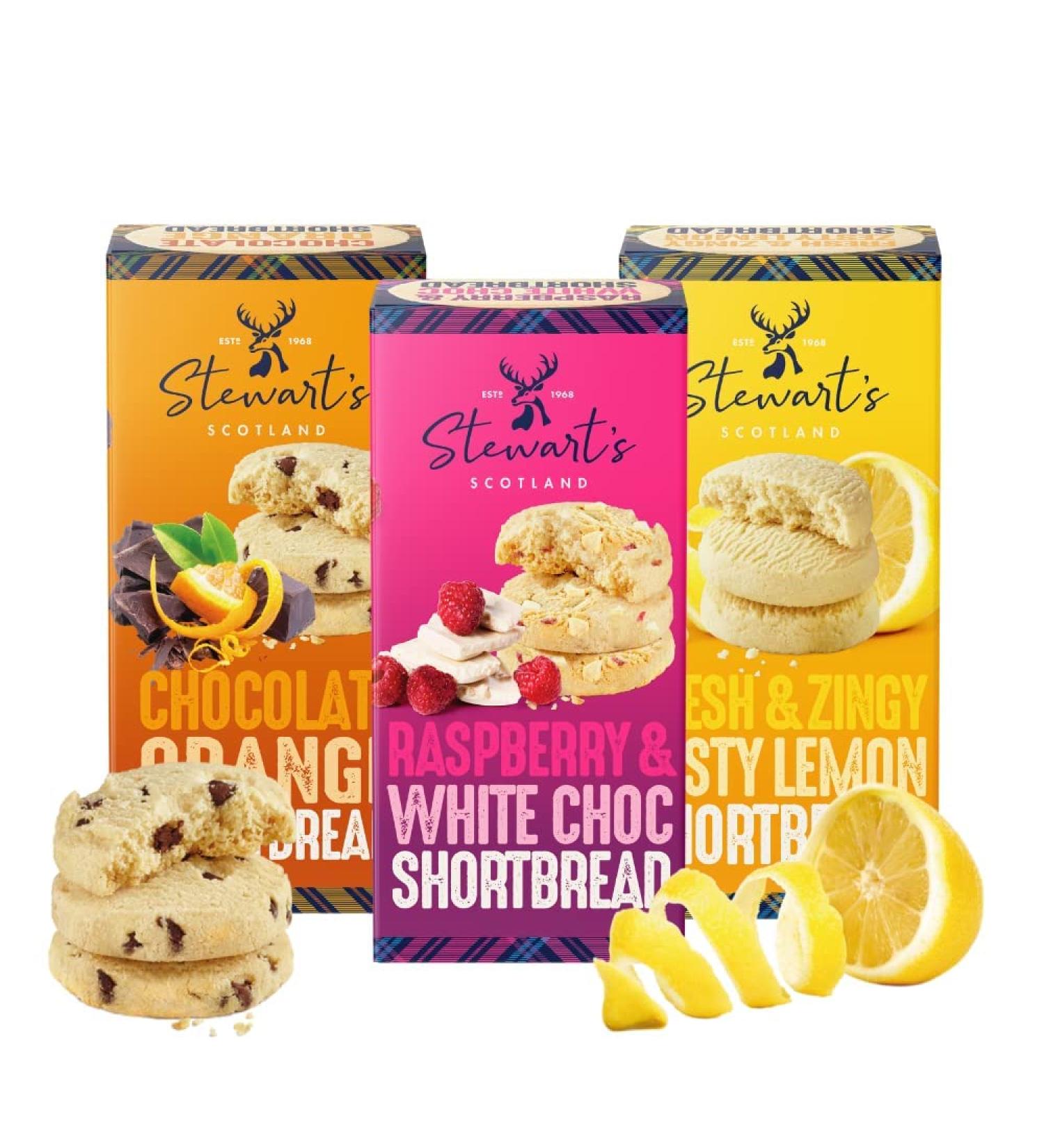 Stewart's Signature Refreshing Shortbread Gift Set - Lemon Curd, Chocolate Orange & Raspberry White Chocolate Biscuits (3x160g) - Scottish Luxury Treat - Buy Online on SooperMarket.com