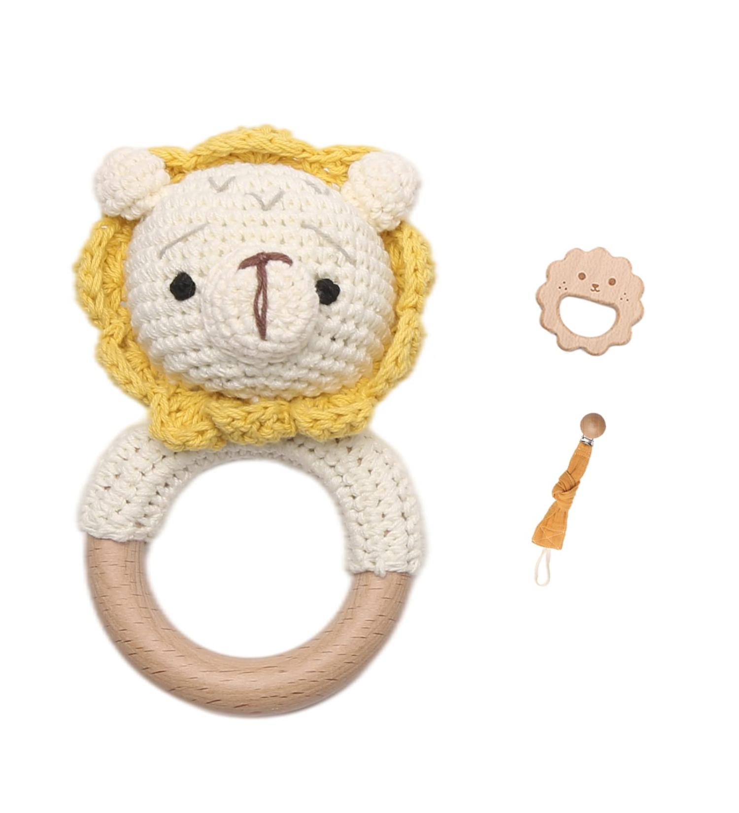 Wooden Baby Rattle - Crochet Lion Newborn Toy with Natural Wood Teething Ring - Handmade Gift for Boys and Girls - Buy Online on SooperMarket.com