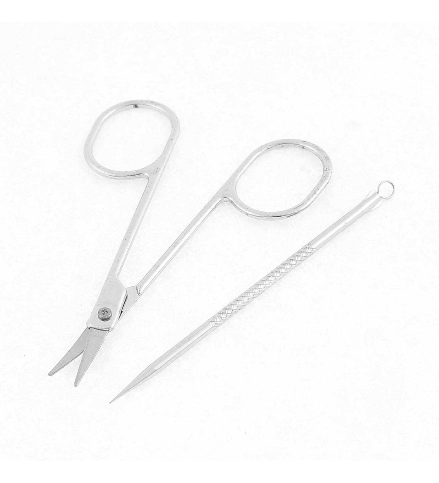 Ruilogod Blackhead Remover Extractor + Eyebrow Scissors Tool Silver Tone