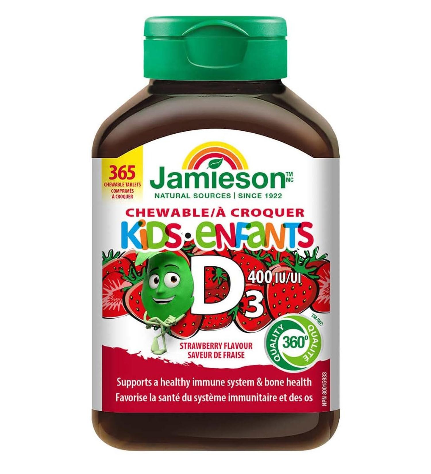 Jamieson Kids Chewable Vitamin D3 400 IU Strawberry Flavour Panda Shaped Tablets - 365 Chewable Tablets