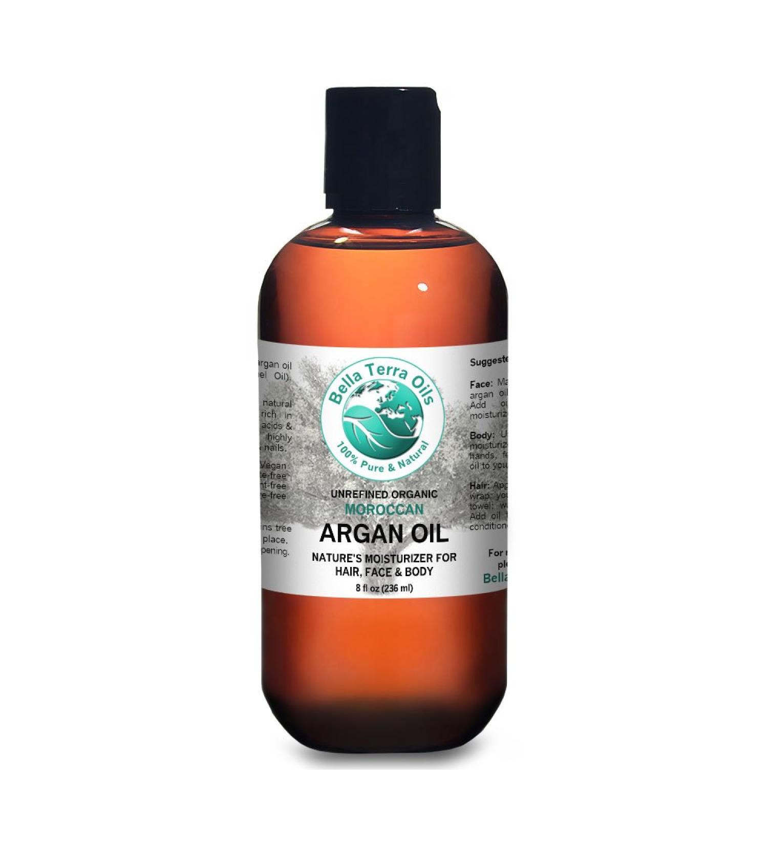 Bella Terra Oils Argan oil 8 oz 100% Pure Moroccan Cold-pressed Unrefined Organic Hexane-free Natural Moisturizer for Skin Hair. Non-comedogenic. Rich in Vitamin E 8 Fl Oz (Pack of 1)