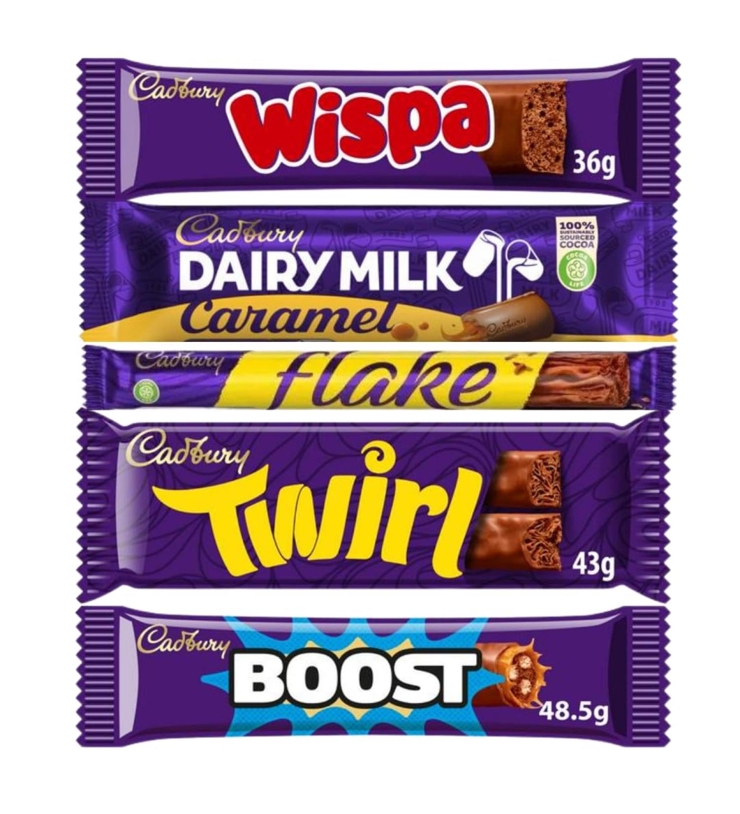 Chocolate Bar Bundle With Wispa Chocolate Bar 36g Milk Caramel Chocolate Bar 45g Flake Chocolate Bar 32g Twirl Chocolate Bars 43g & Boost Chocolate Bar 48.5g (5 Pack) - Buy Online on SooperMarket.com
