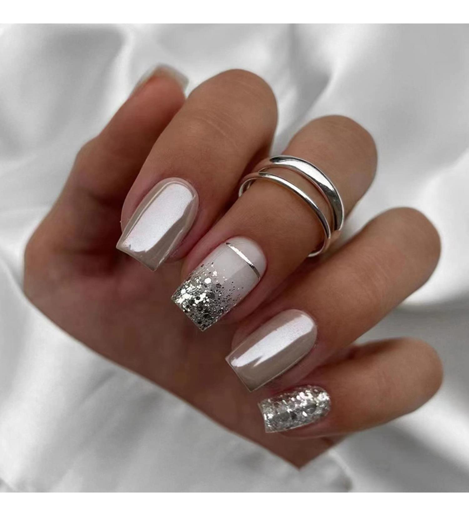 24pcs Square False Nails Short for Women Stick on Nails Silver Glitter Press on Nails French False Nails Removable Glue-on Nails Fake Nails Women Girls Nail Art Accessories 0220Y99 - Buy Online on SooperMarket.com