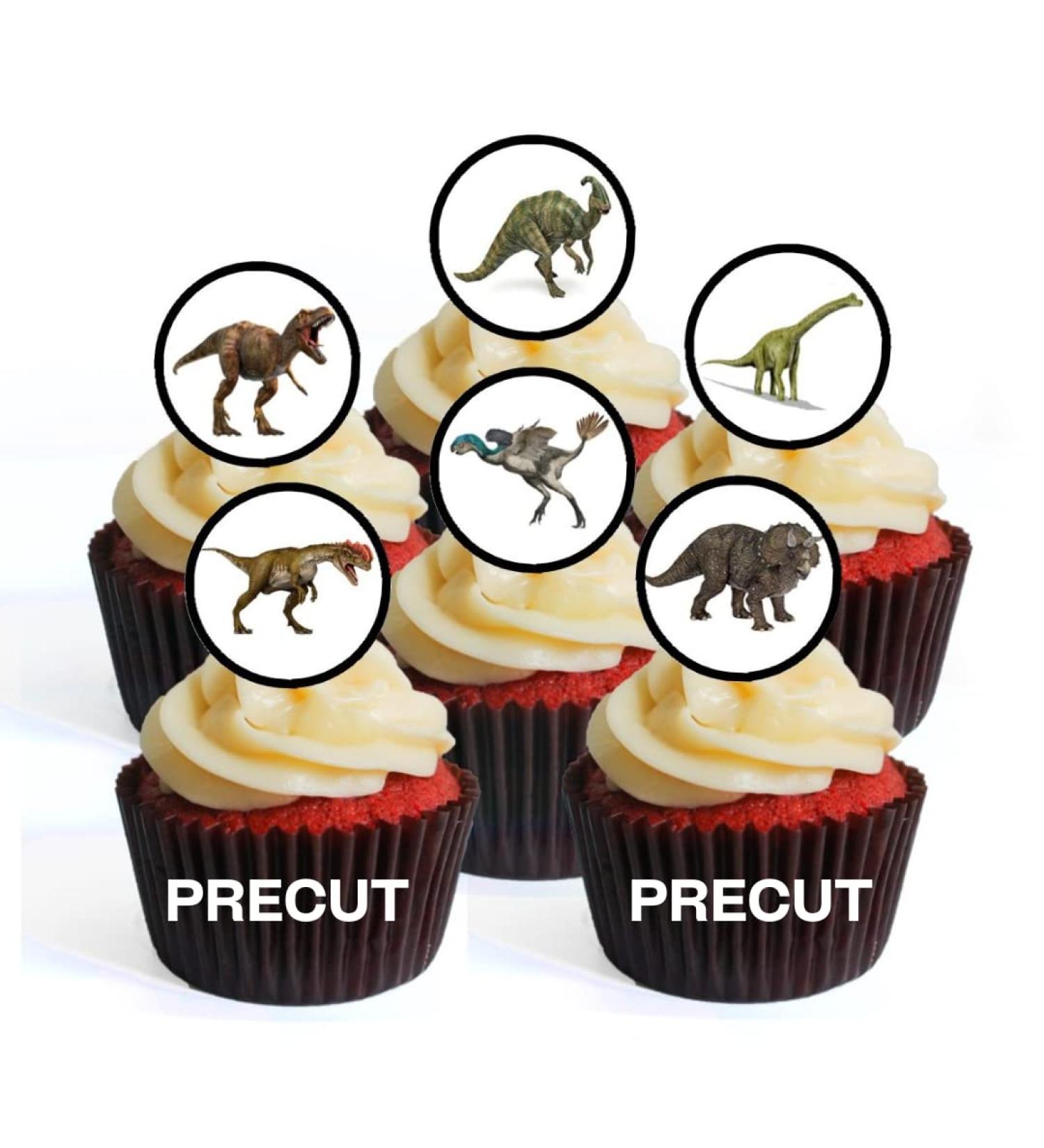 48 PRECUT Dinosaurs Edible Mini Cupcake Toppers - Premium Thickness SWEETENED VANILLA - wafer card disc cake decorations - Buy Online on SooperMarket.com