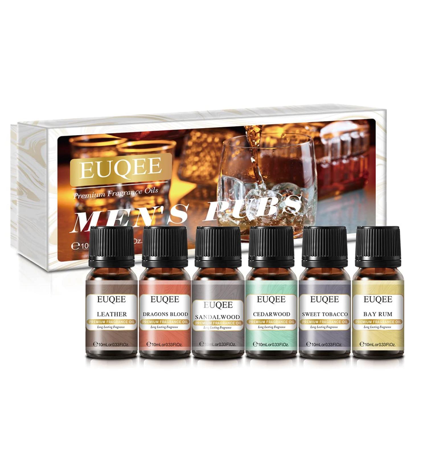 EUQEE 6PCS Men's Fragrance Oils Gift Set - Premium Grade 10ml Scents for Men's Pubs - Leather, Sweet Tobacco, Dragon's Blood, Sandalwood, Bay Rum, Cedarwood - Buy Online on SooperMarket.com