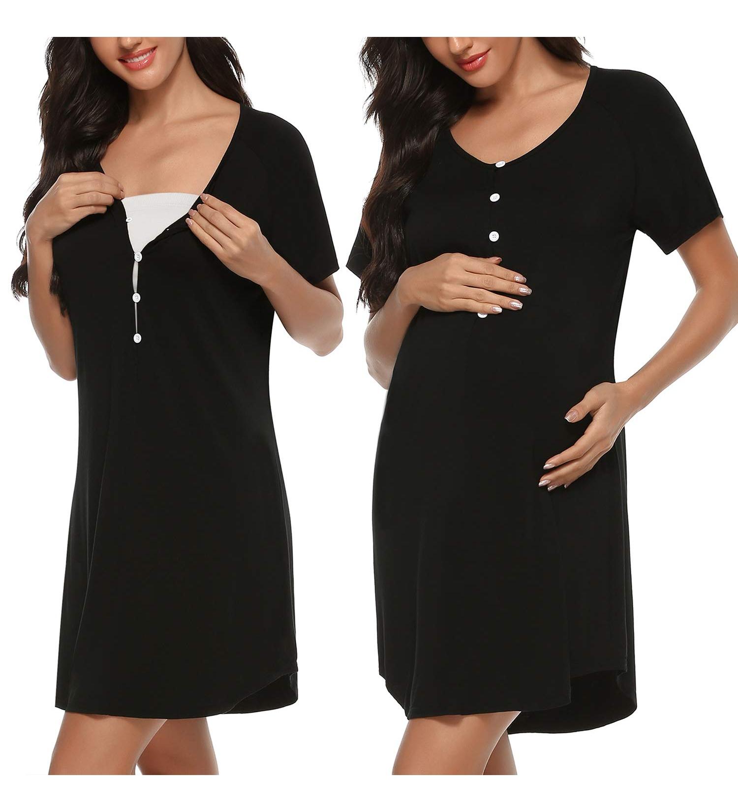 Sykooria Women's Maternity Nightdress - Black S | Nursing Nightgown with Button Down Front, V Neck, and Short Sleeves | Soft and Comfortable Sleep Shirt for Pregnant Women - Buy Online on SooperMarket.com